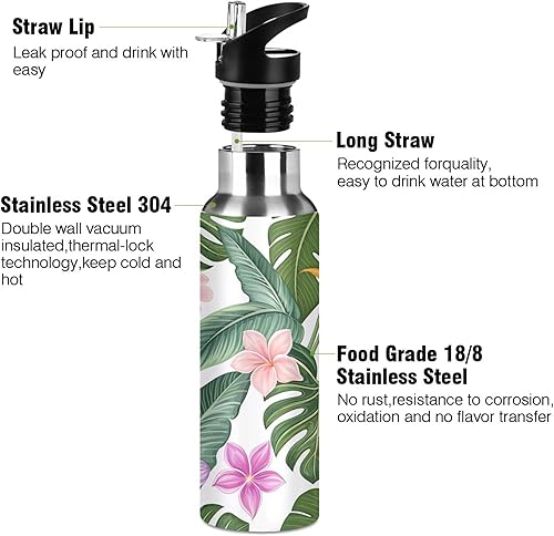 Miniatura 3 de Burbuja Botella de agua de acero inoxidable con diseño floral hawaiano de hoja de palma, botellas de agua aisladas al vacío con tapa con popote para