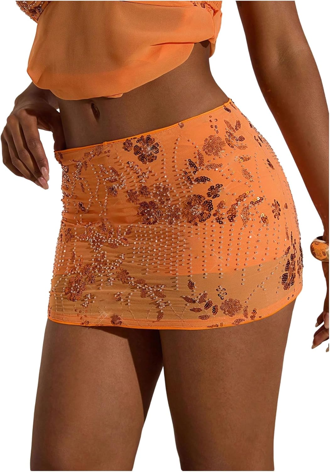 SweatyRocks Women's Sequin Skirt Sheer Mesh Glitter Sparkly Pearl Embroidery Bodycon Mini Skirt with Shorts - Image 4