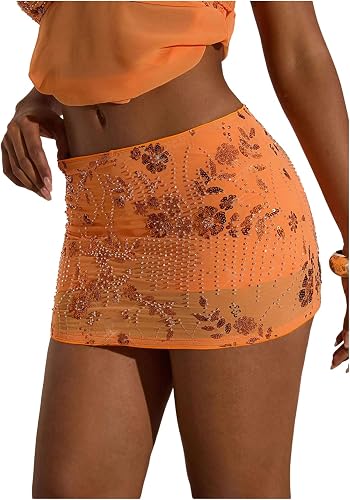 MakeMeChic Women's Sequin Mini Skirt Y2K Sparkly Micro Pencil Skirt Orange