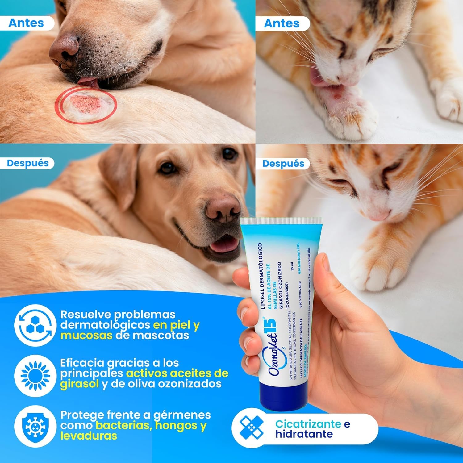 Gel Cicatrizante Ozonizado Para Perros y Gatos Alivia Picor Dermatitis Alergias Heridas y Quemaduras - Cicatrizante Hidrata Sin Dejar Efectos Secundarios Ni Contraindicaciones - 35 ml - 1 Unidad