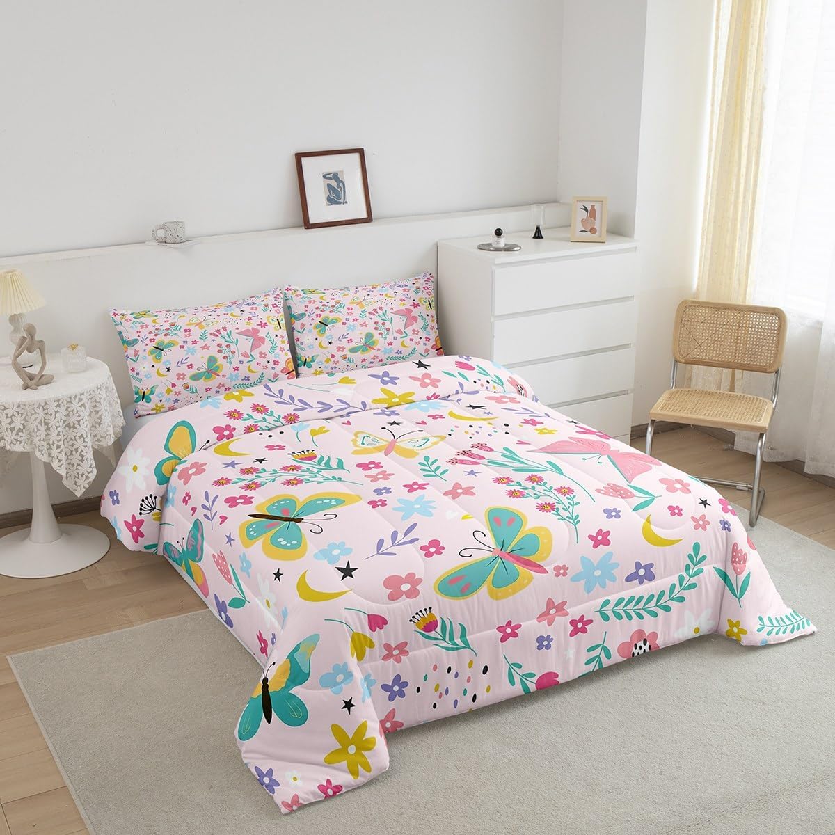 Feelyou Butterfly Bedding Set Twin Size Boys Girls Butterflies Print Comforter Set for Kids Butterfly Floral Beautiful Butterfly Comforter Botanical Blossom Duvet Set Room Decor Quilt Set