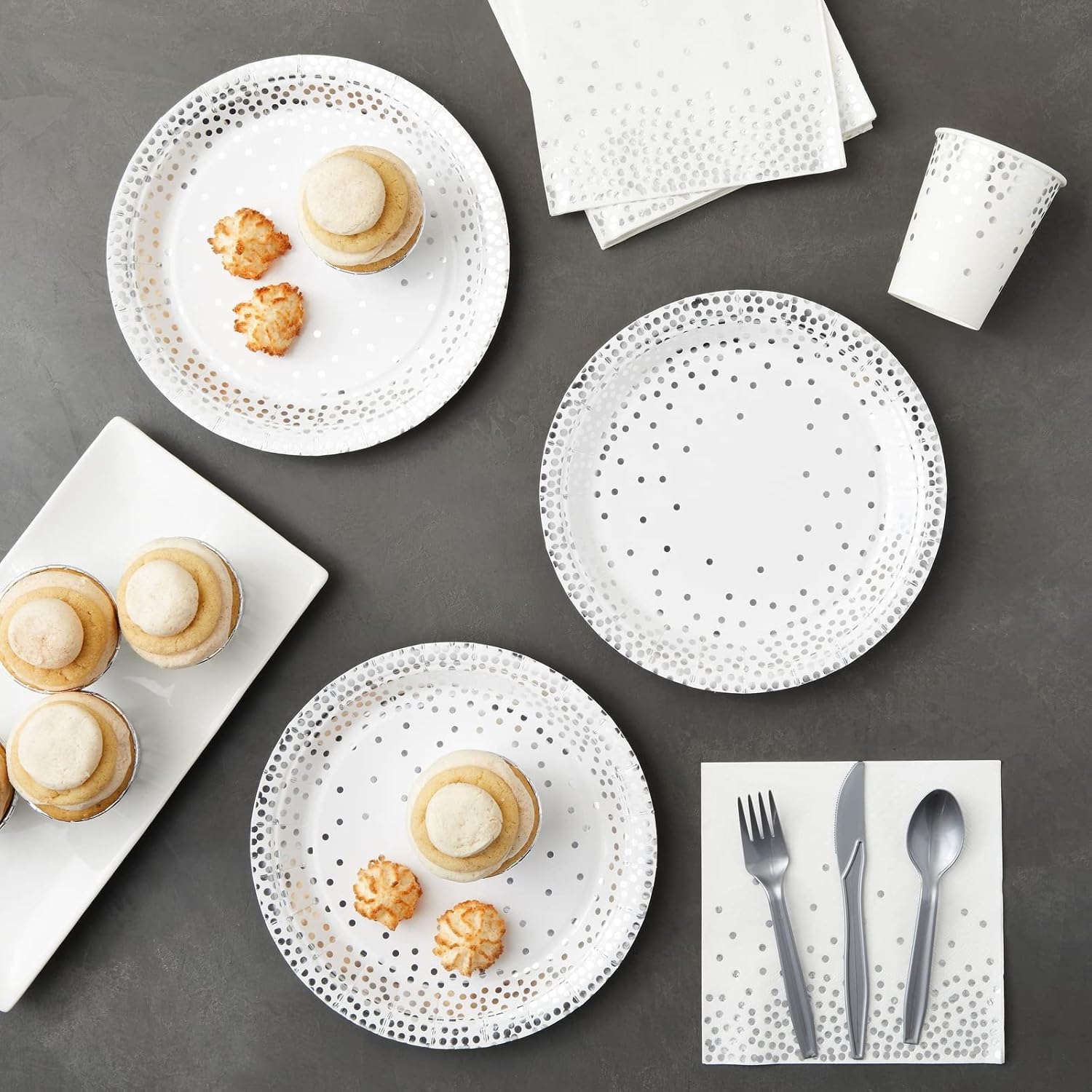 Juvale 144 Piece Silver Party Supplies for Wedding, Birthday, Includes Plates, Napkins, Cups, and Cutlery (Serves 24) : Home & Kitchen