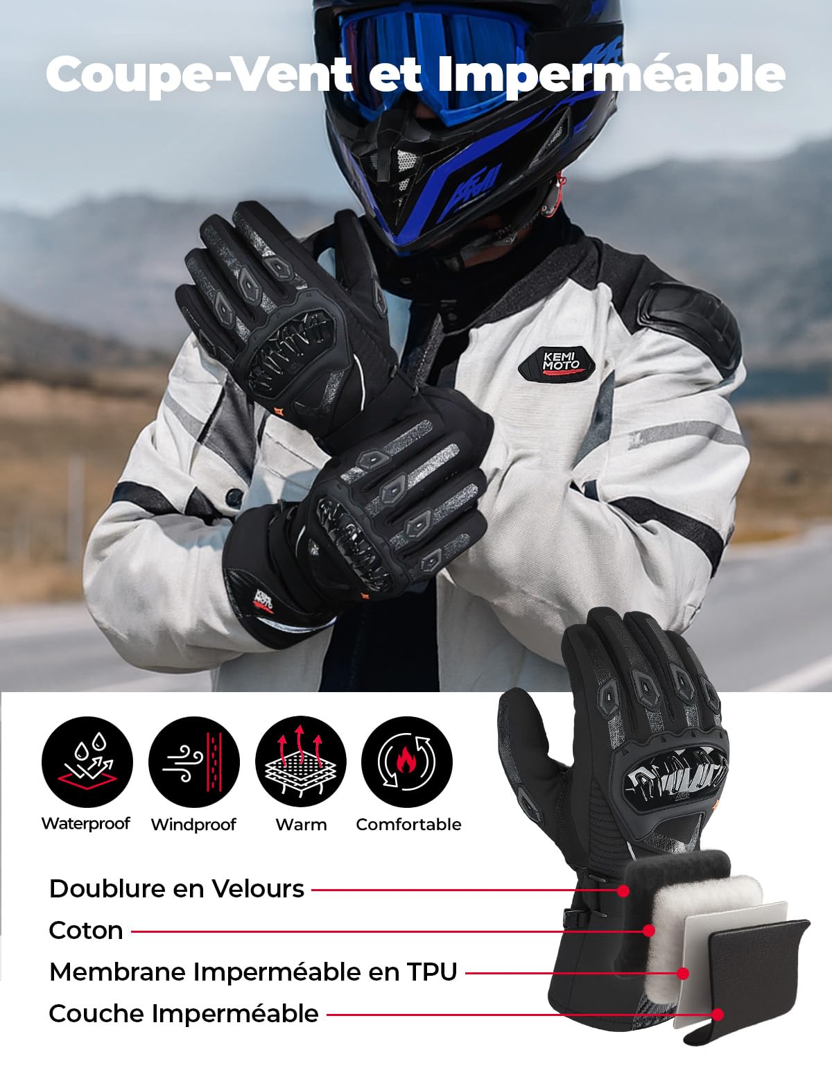 KEMIMOTO Gants Moto Hiver, Gants Imperméable Homologués Hommes Protection Multicouche, Chaude, à Deux Doigts Écran Tactile pour Activités de Plein Air Hivernales, Ski, Randonnée, Vélo