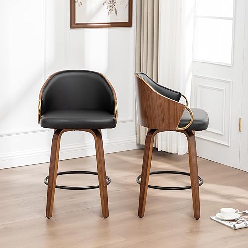 Miniatura 5 de Juego de 2 taburetes de bar giratorios de 30 pulgadas de altura, de cuero negro, sillas de bar modernas de mediados de siglo con patas de madera y