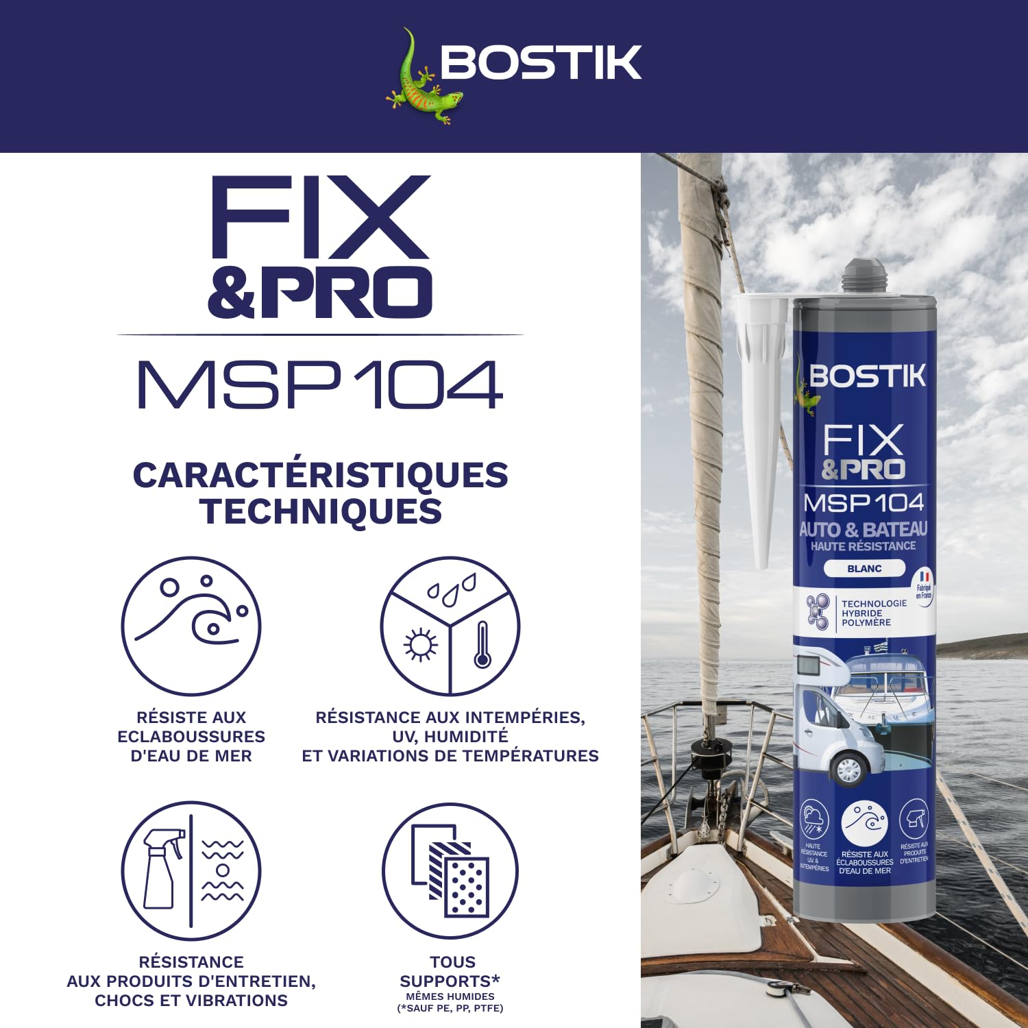 Bostik FIXPRO MSP 104 Dichtstoff für Auto und Boot, Klebstoff und Dichtung, alle Materialien, wetterfest, seewasserbeständig, Hybrid-Polymer-Dichtstoff, Farbe: Weiß, 1 Kartusche 290 ml