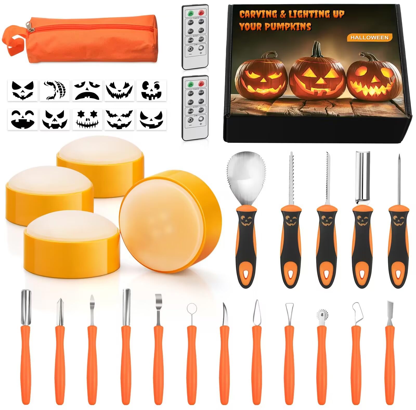 Luditek 4-Pack Halloween LED Pumpkin Lights for Inside Pumpkin w/Remote Timer, Battery Operated Flameless Candles Lights with 17PCS Carving Tools Kit & 10 Stencils, Orange Jack-O-Lantern Decorations