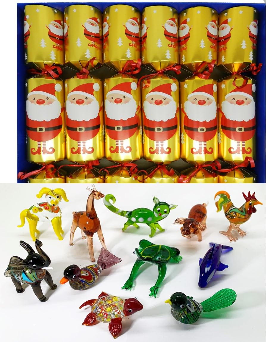Crackers Ltd Gold Set Of 6 Large Glass Animal Figurine Festive Santa Design Christmas Crackers