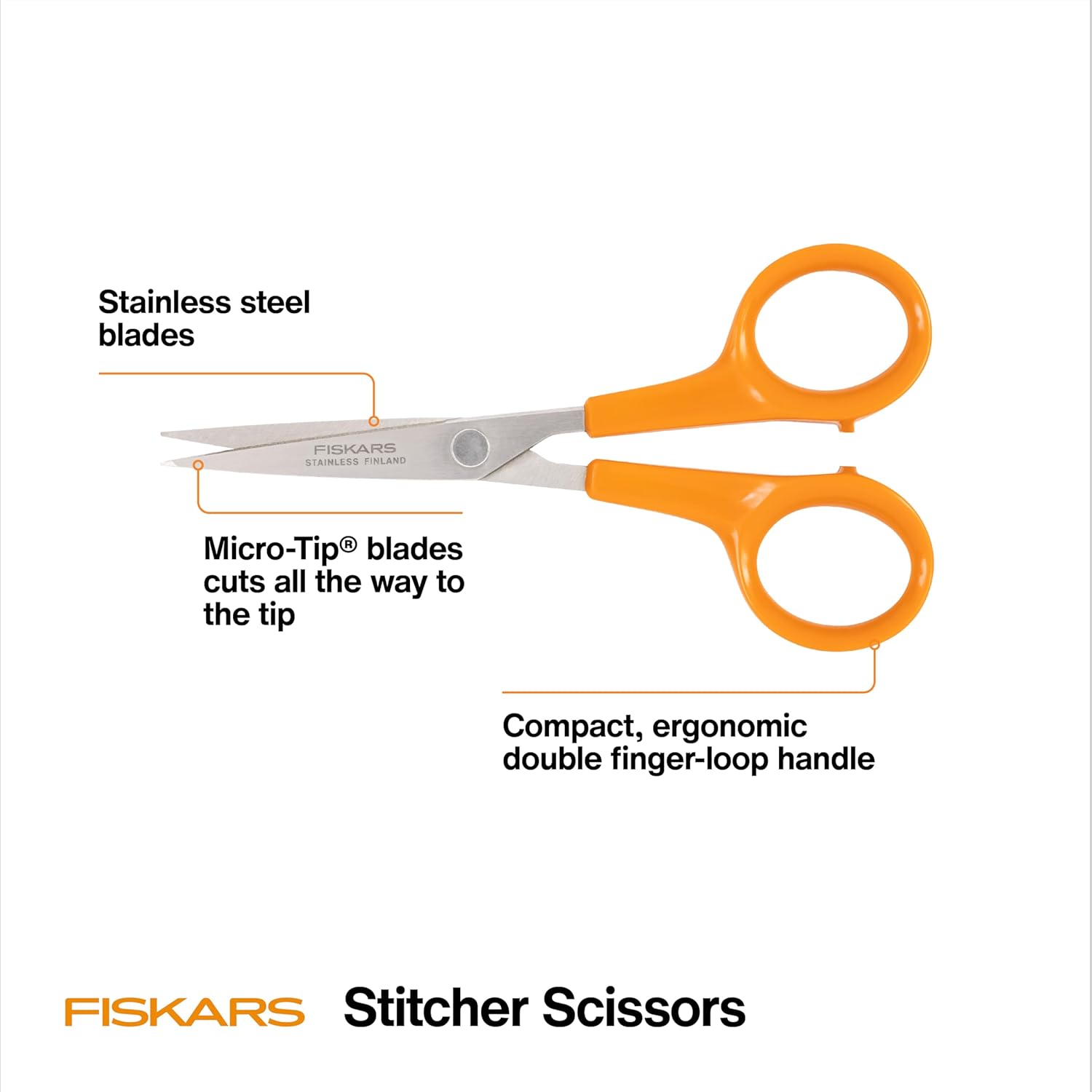 Fiskars Stitcher Scissors No. 5, Precision Sewing Scissors, Swedish Stainless Steel Blades for Intricate Cuts, 4.88”,Orange