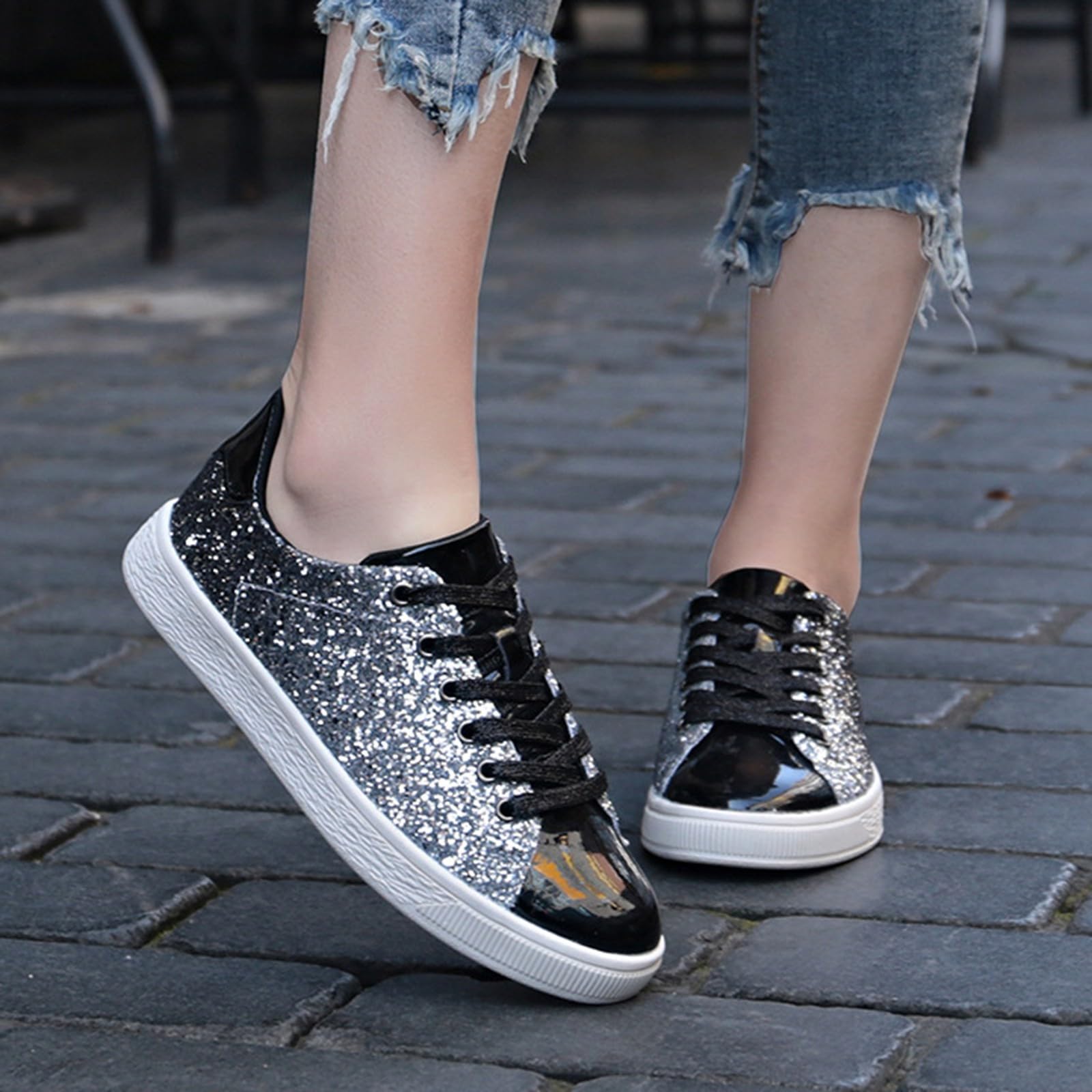 Sneaker da donna alla moda con paillettes glitterate, scarpe sportive piatte con brillantini, scarpe da festa, scarpe da corsa, scarpe da jogging con lacci, scarpe per il tempo libero