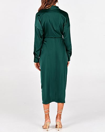 Miniatura 6 de BTFBM - Vestido de satén de manga larga para mujer, con solapa y cuello en V, con botones y cinturón, elegante, fruncido