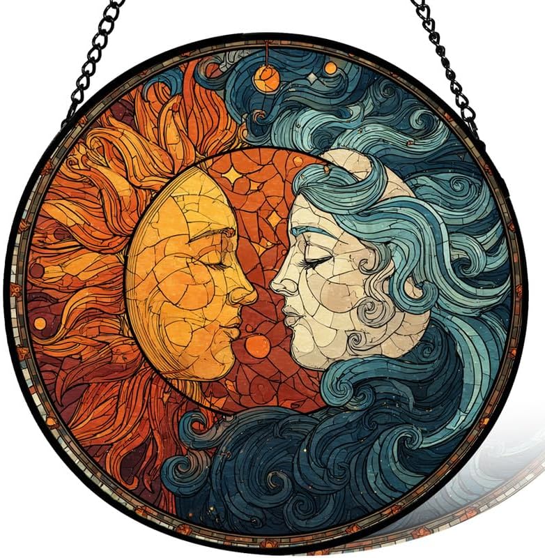 Stained Glass Window Hanging， Sun and Moon Face 11.8in Sun Catchers Indoor Window， Core Decor Inside and Outside The Cottage， Gifts for Women， Celestial Art Glass Panel Home Decoration