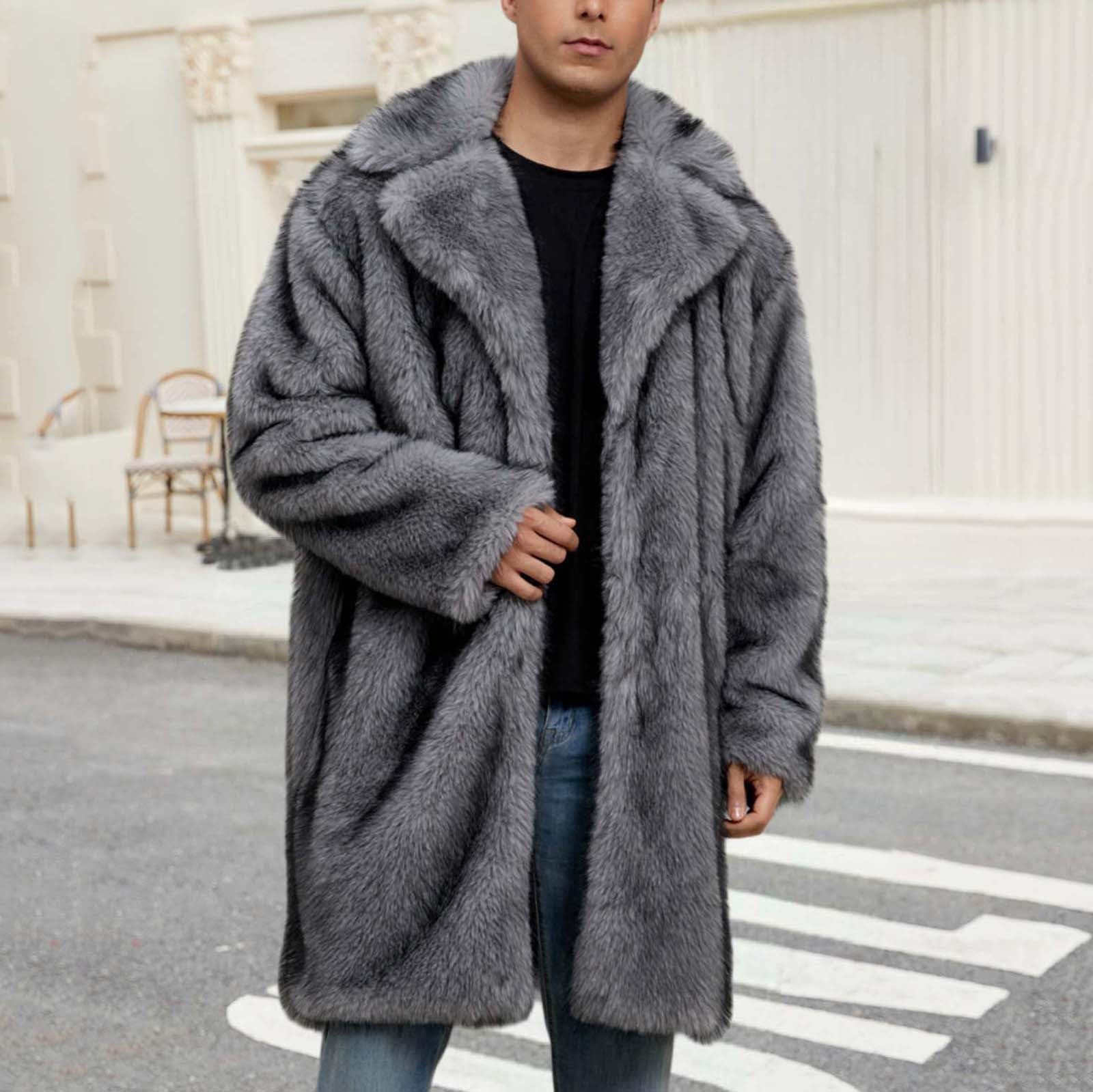 Abrigo de piel sintética para hombre, cárdigan largo de invierno con frente abierto, chaqueta de forro polar mullido, cuello vuelto, abrigo cálido, gabardina, gabardina, viajes, fiesta