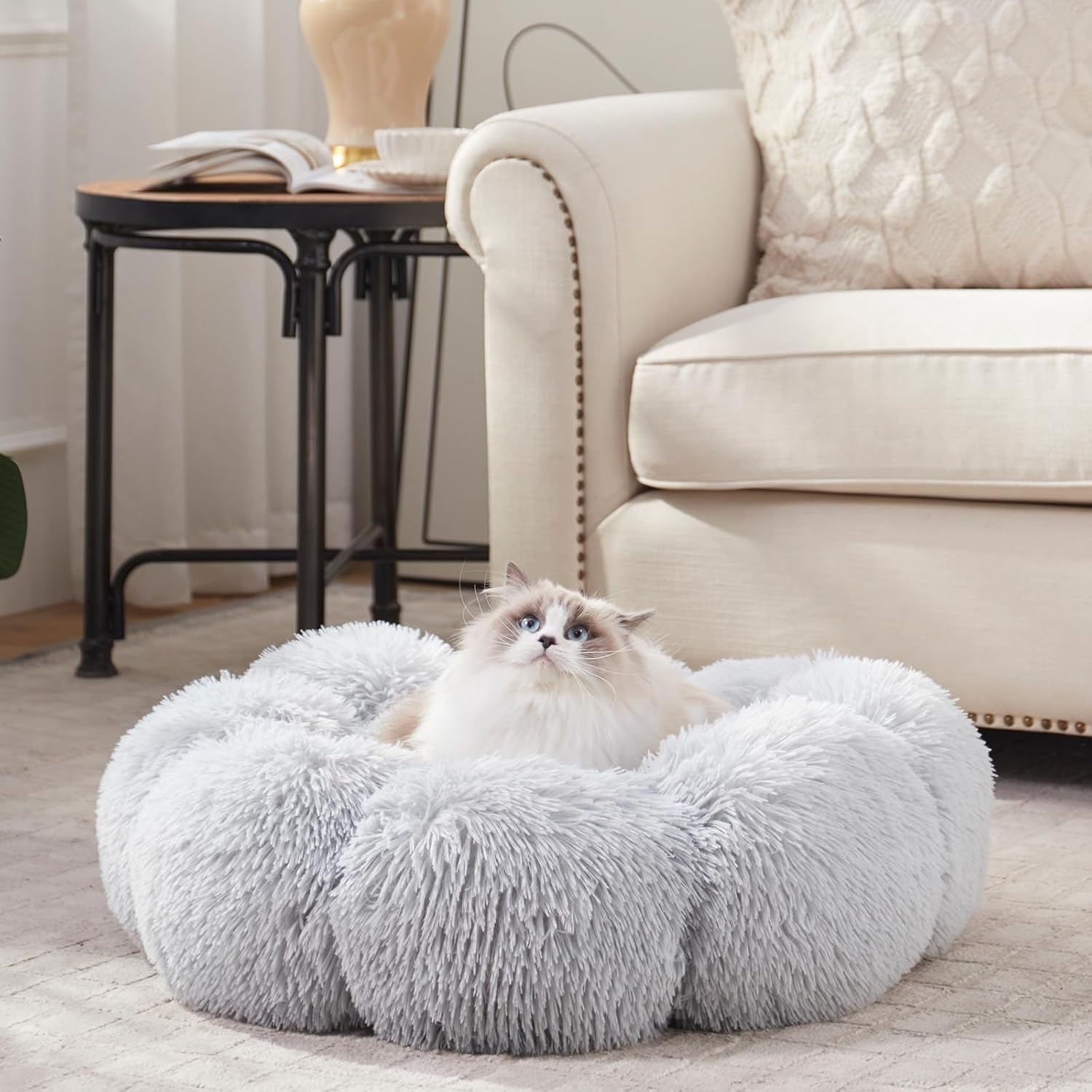 review SunStyle Home Calming Dog Bed for Large Dogs - 30 inches Washable Donut Cuddler Soft Cute Flower Shape Pet Beds, Fluffy Faux Fur Plush Cushion Bed, Fits up to 45 lbs Pets - Light Grey