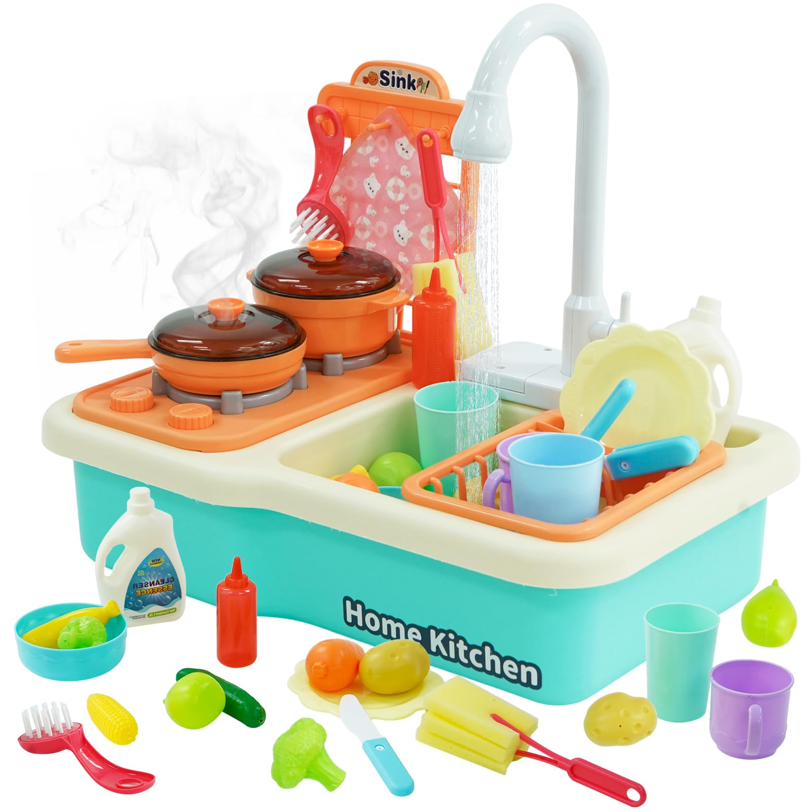 Juego de Fregadero de Cocina, lavavajillas con Sistema de Ciclo de Agua Corriente, Juguetes de Cocina para niños y niñas