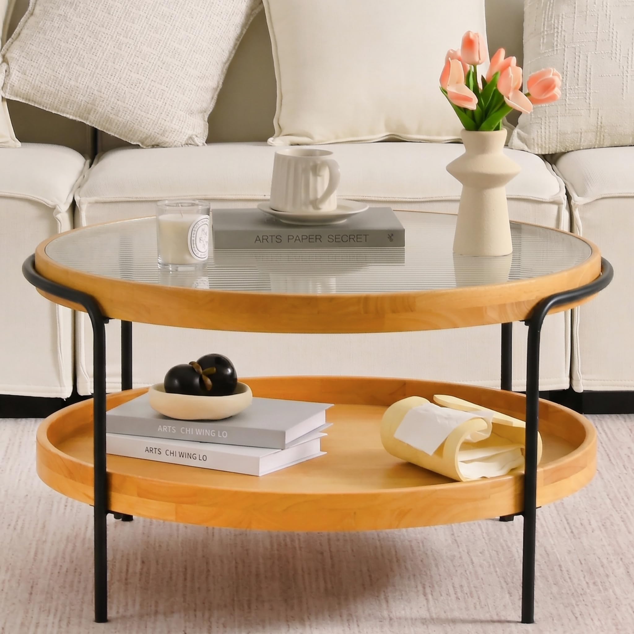 Couchtisch Rund Holz, 2-Tier Coffee Table aus Glas, Ø76x45cm