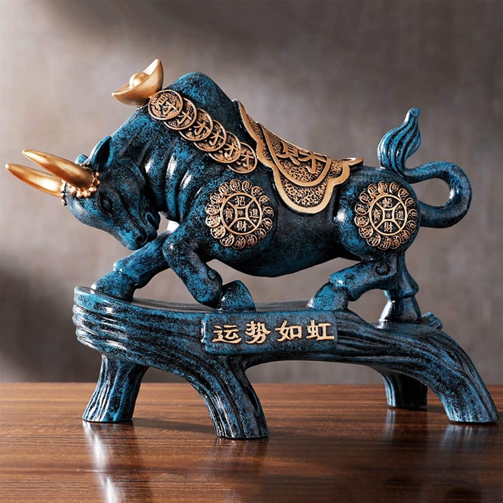SBCGFY Feng Shui Statue,Decoration Statues Figurine, Feng Shui Wealth Bull Sculpture Resin Home Table Art Decor, Gift Blessing Gift,Blue