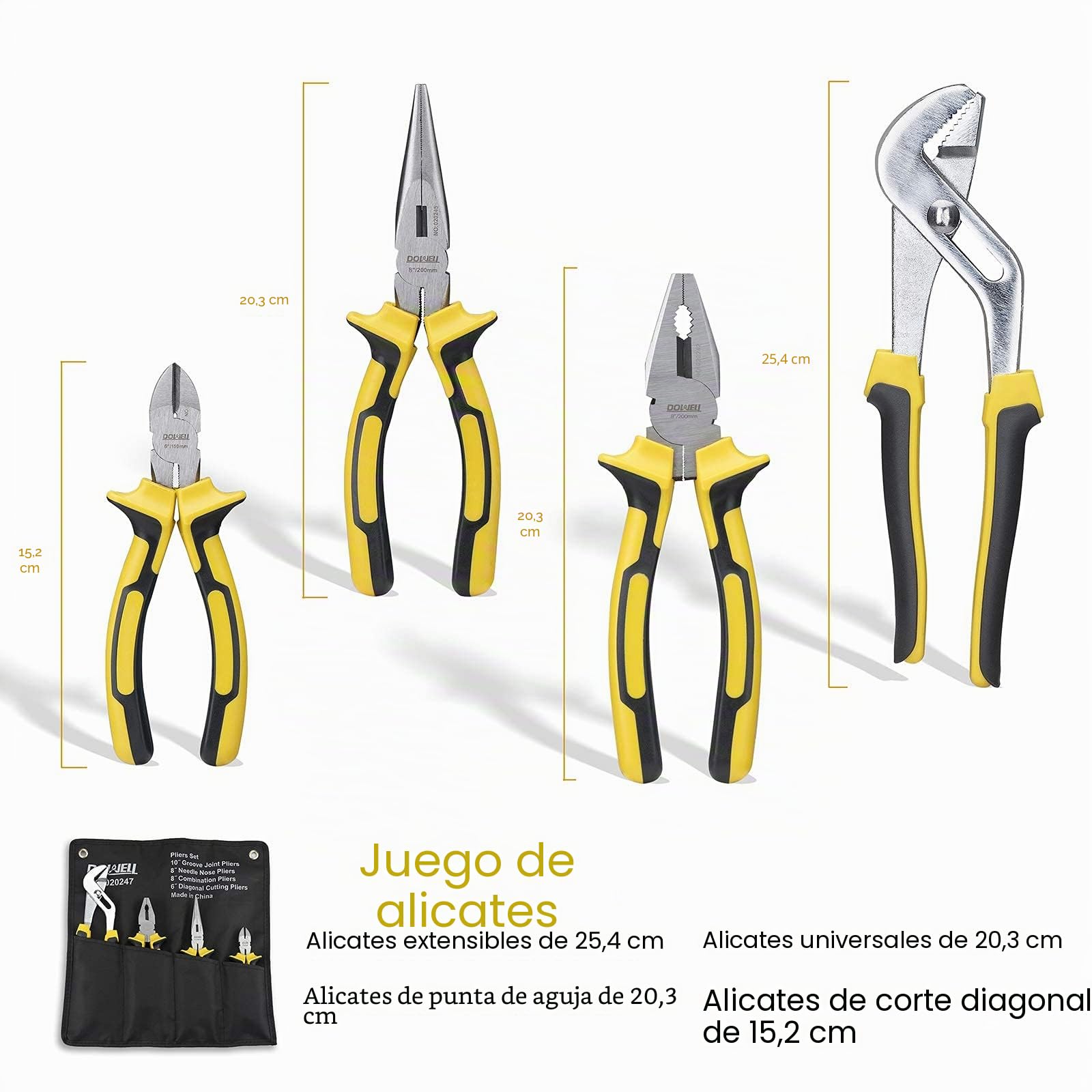 DOWELL Juego de 4 Alicates Con Bolsa de Almacenamiento - Punta Larga 8", Línea 8", Diagonales 6", Junta de Ranura 10"