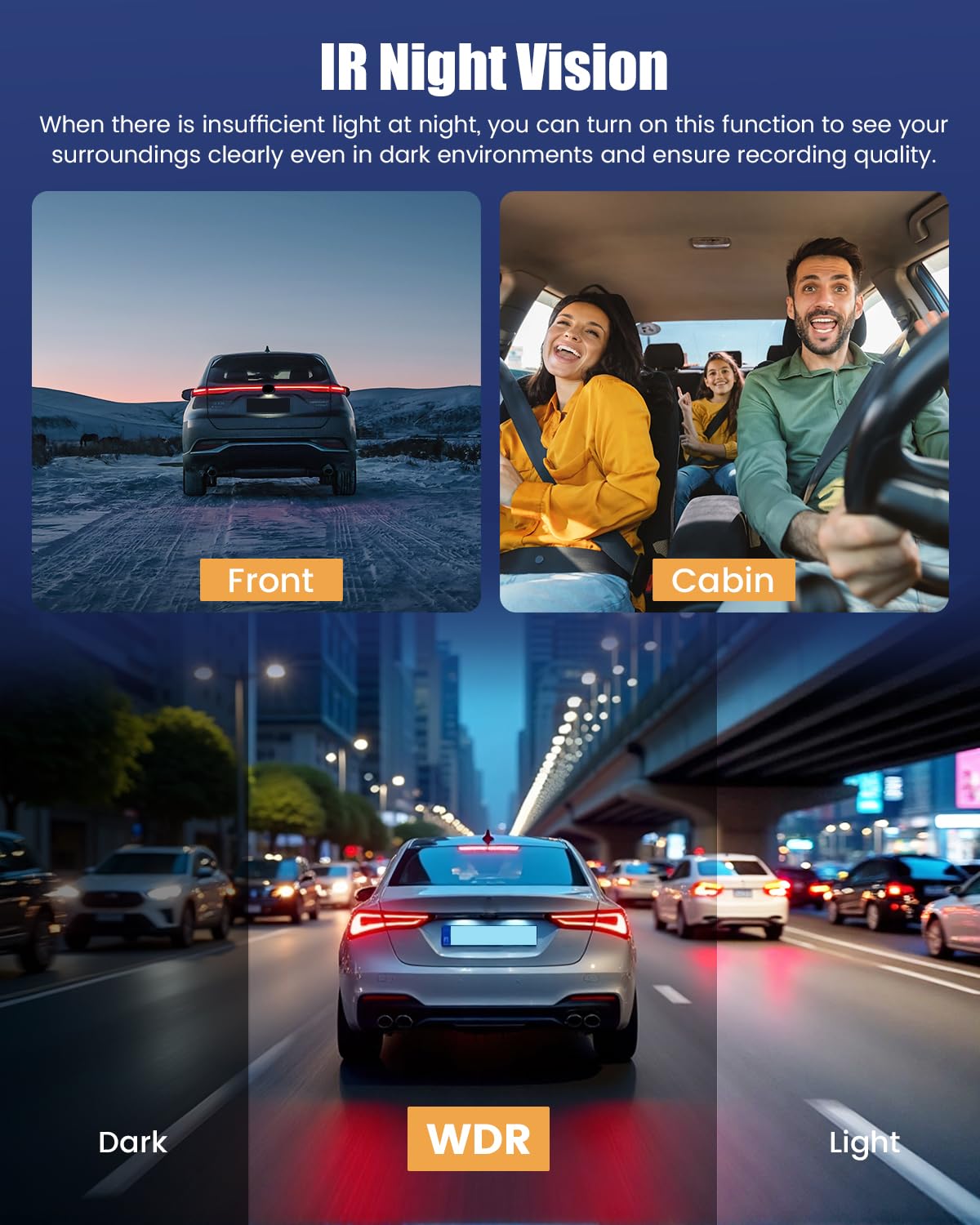 Dashcam Voiture 4 Canaux Avant/Arrière 1080P, Caméra Voiture WiFi avec Carte SD de 64 Go, écran IPS 3", Grand Angle, Vision Nocturne IR 8, Capteur G, Dash Cam Voiture avec Enregistrement en Boucle
