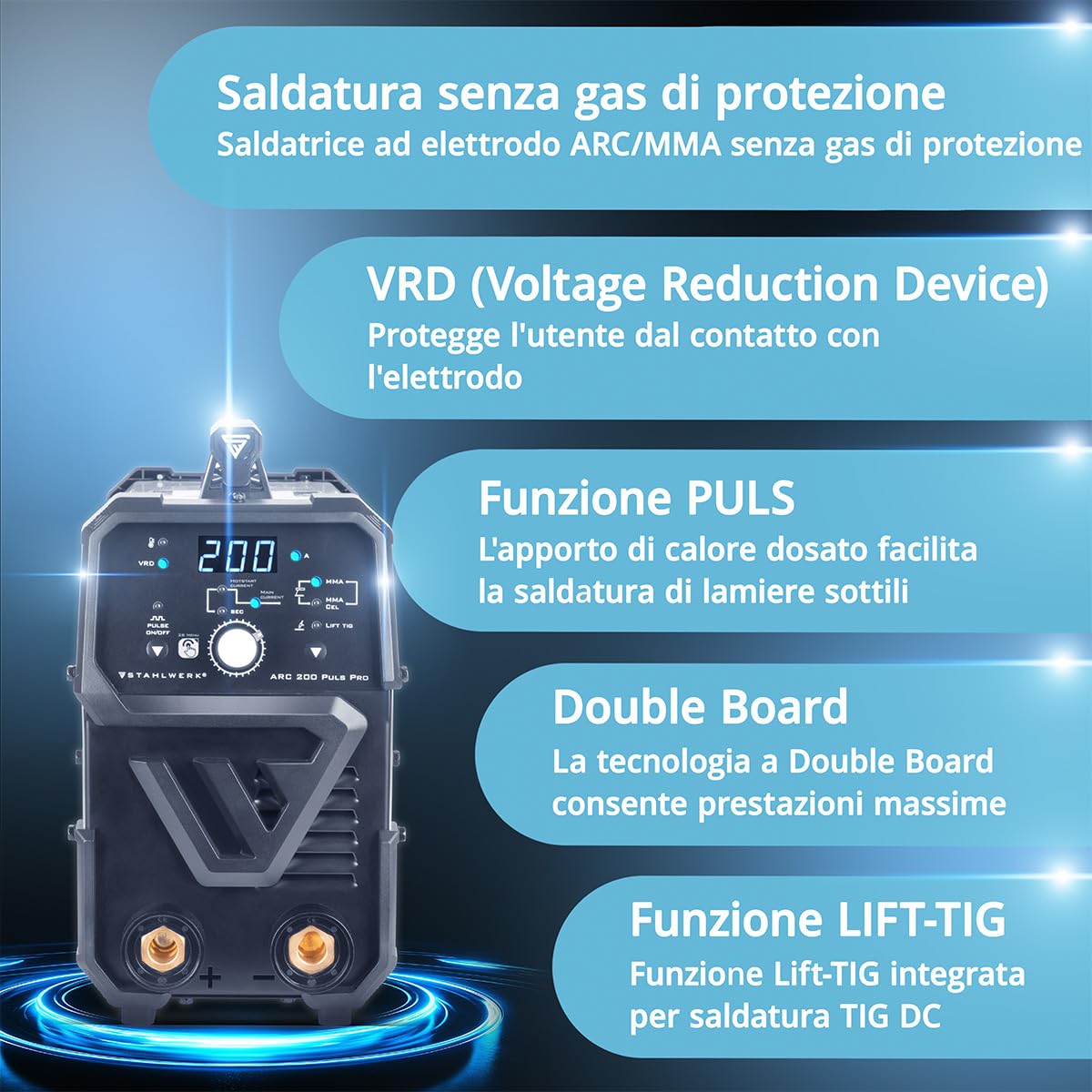 STAHLWERK Saldatrice ad elettrodo ARC 200 Puls Pro – Saldatura senza gas, compatto MMA, Inverter Lift-TIG 200 A, Hot Start, Arc Force, Anti-stick, tecnologia IGBT, Pulse
