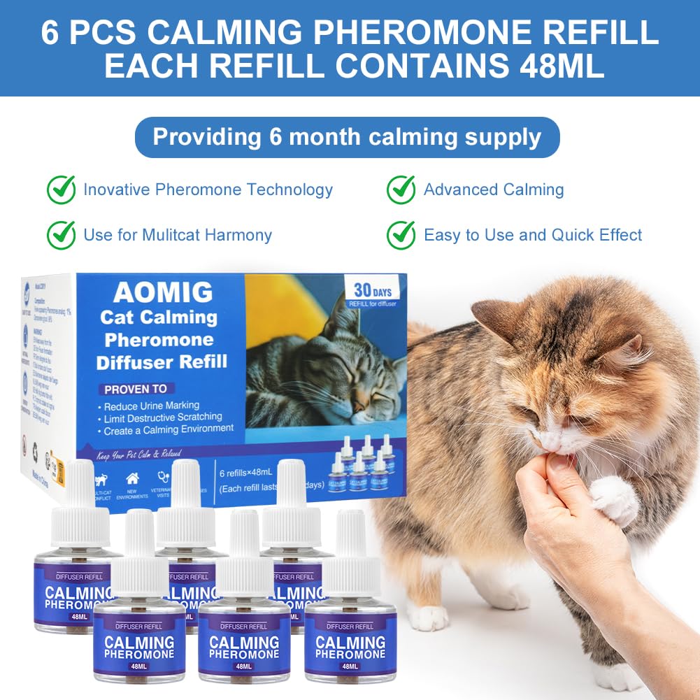 Aomig Pets Recharge Diffuseur pour Chats Lot de 6 * 48ml, Recharge Complexe de Phéromones, Pheromones Aider Votre Chat à se Calmer