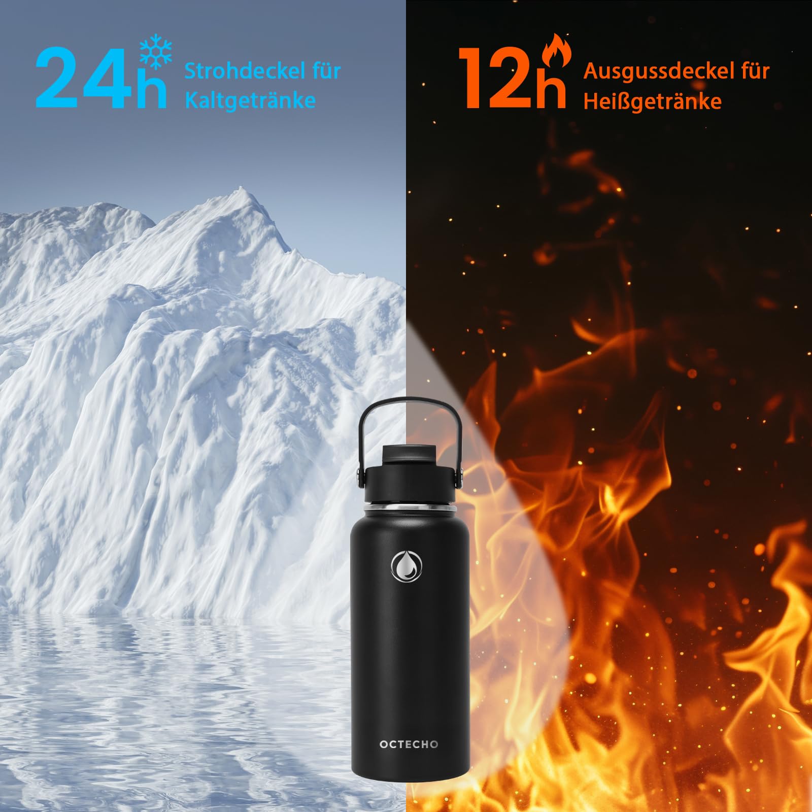 OcTecho Vacuum Insulated Stainless Steel Water Bottle 950ml,Metal Water Bottle with Straw, 2-in-1 Leakproof Lid - Image 4