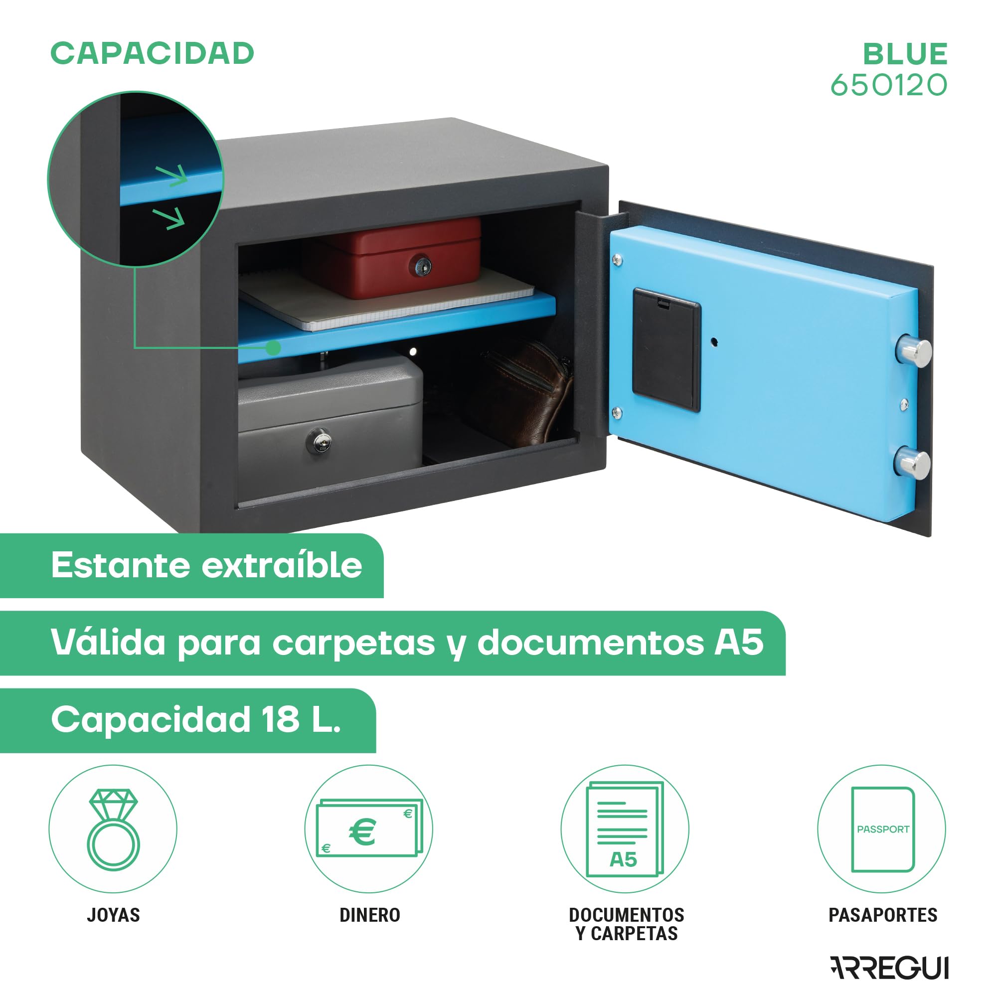 ARREGUI Blue 650120 Caja Fuerte de Acero con Cerradura Electrónica | 25x35x25 cm | 18 L | Caja de Seguridad para Casa y Hogar | Teclado con Códigos Programables | con Llave de Emergencia | grafito
