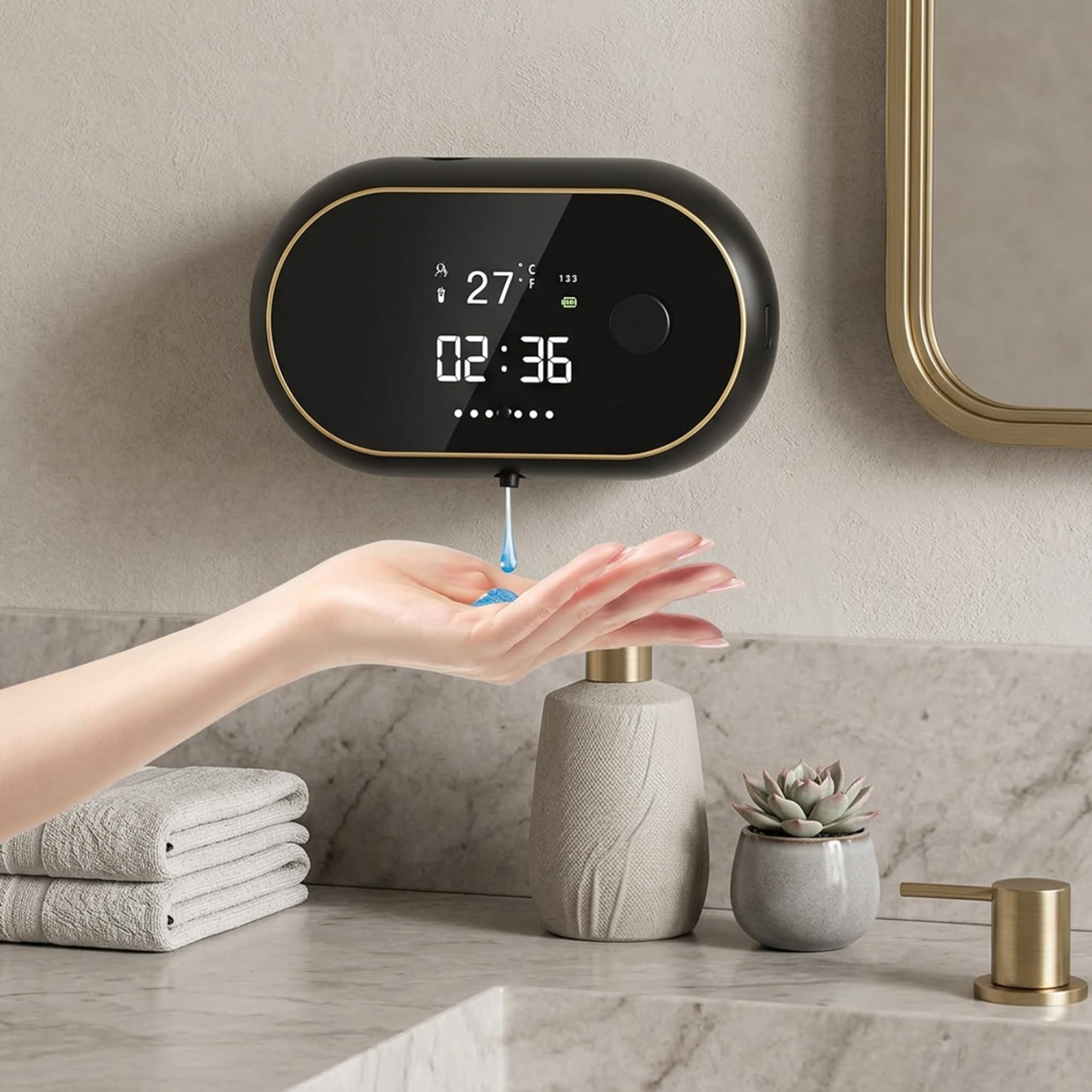 Dispenser di Sapone Automatico da Parete, Dispenser di Sapone Ricaricabile a Mani libere con Display a LED e Orologio per Cucina e Bagno, Nero