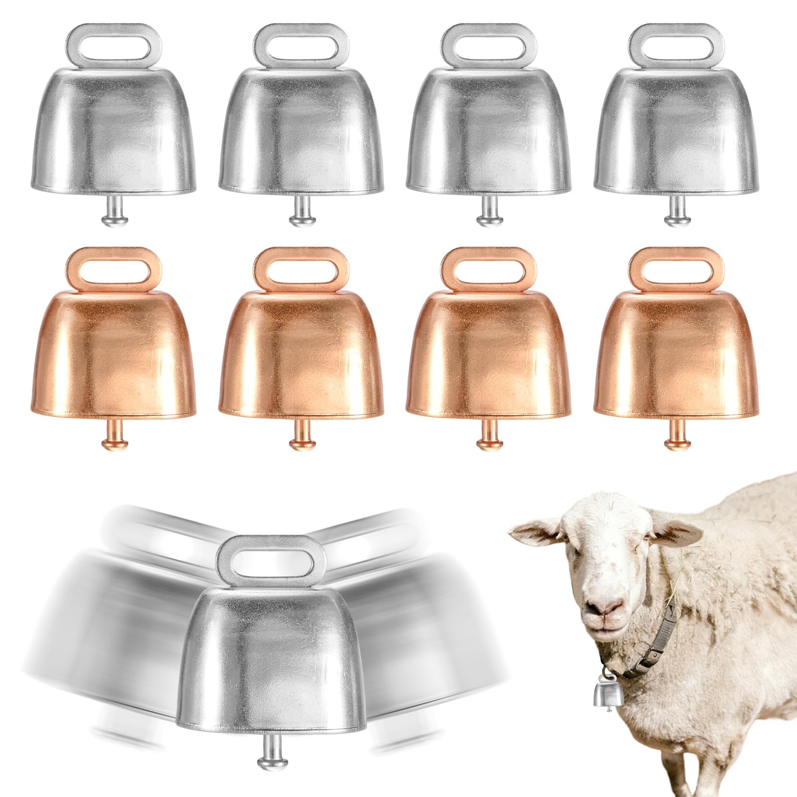 M METERXITY 8-Pack Cow Horse Sheep Grazing Copper Bells, 0.5" Inner Diameter Hole Cattle Goat Farm Loud Bronze Bell for Cow/Horse/Small Pets Anti-Theft Accessories [Nickel/Rose Gold]