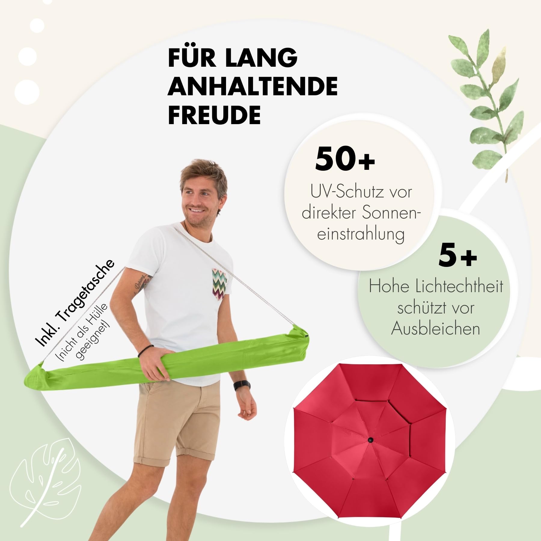 doppler derby Windprofi 200cm in Apfelgrün I Sonnenschirm für Strand sowie Balkon & Terrasse I Schirm höhenverstellbar I Mit UV-Schutz I knickbar I Für Freibad I Strandschirm