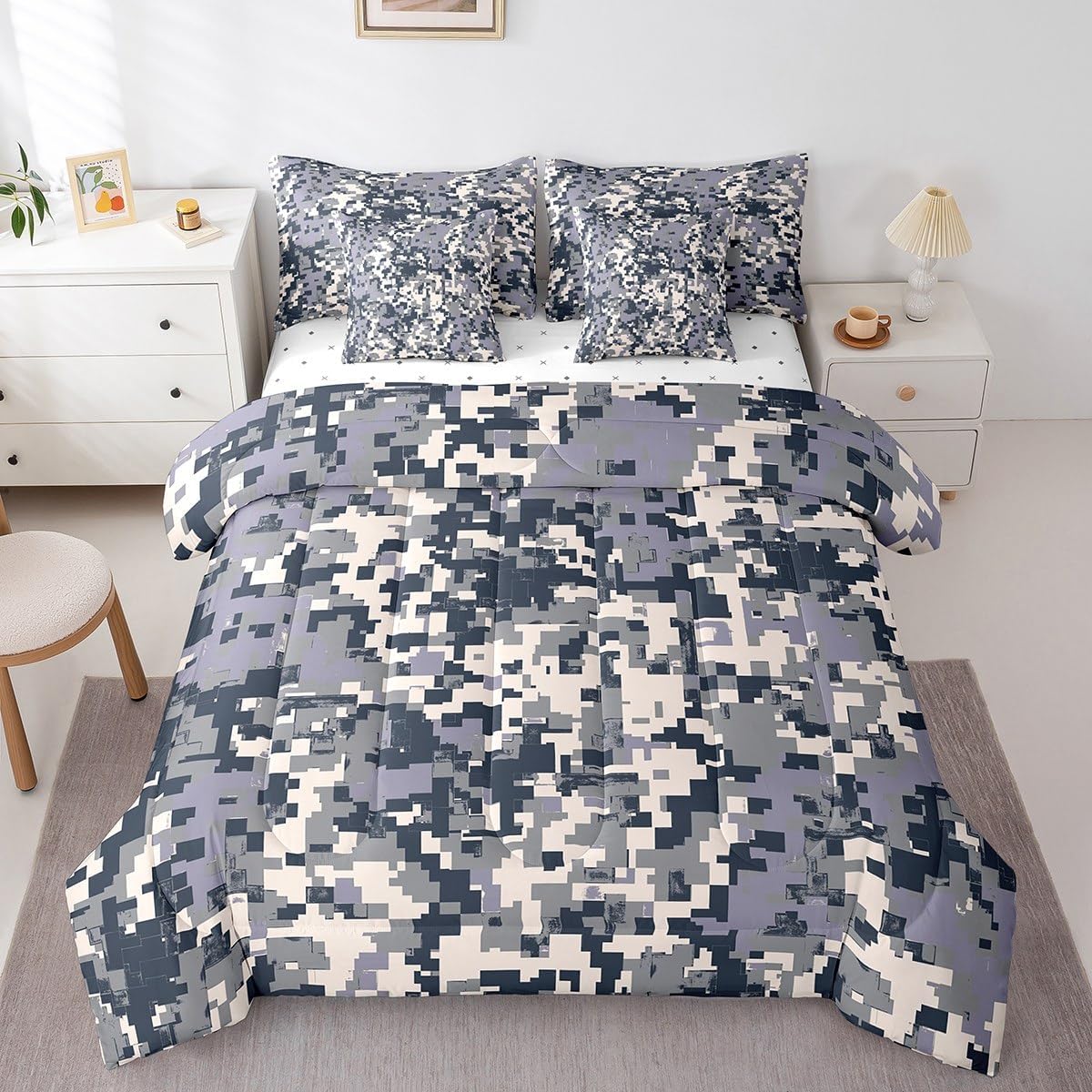 jejeloiu Blue Camouflage Comforter Set with Sheets Queen Size Kids Camo Bed in a Bag for Boys Girls Teens Military Style Disruptive Pattern Tree Branches Botanical 7 Pieces Bedding Set Soft Room Decor