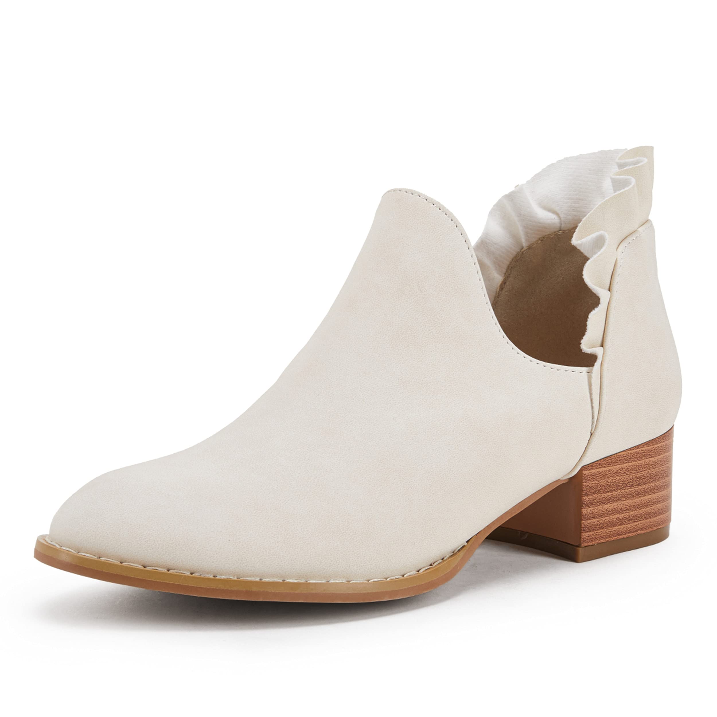 FISACE Womens Ruffled Ankle Boots V Cut Out Pointed Toe Chunky Low Heel Dressy Western Booties