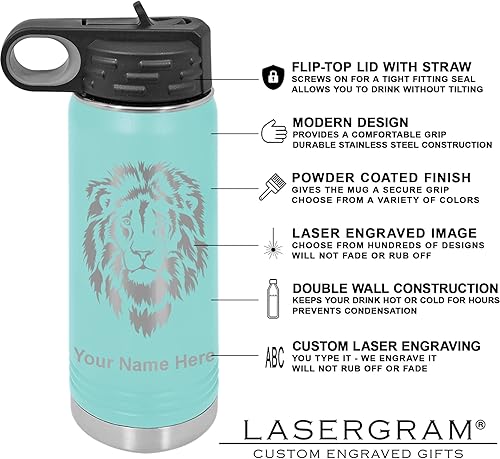 Miniatura 3 de LaserGram Botella de agua de doble pared con tapa abatible de 20 onzas con pajilla, cabeza de caballo 1, grabado personalizado incluido (verde