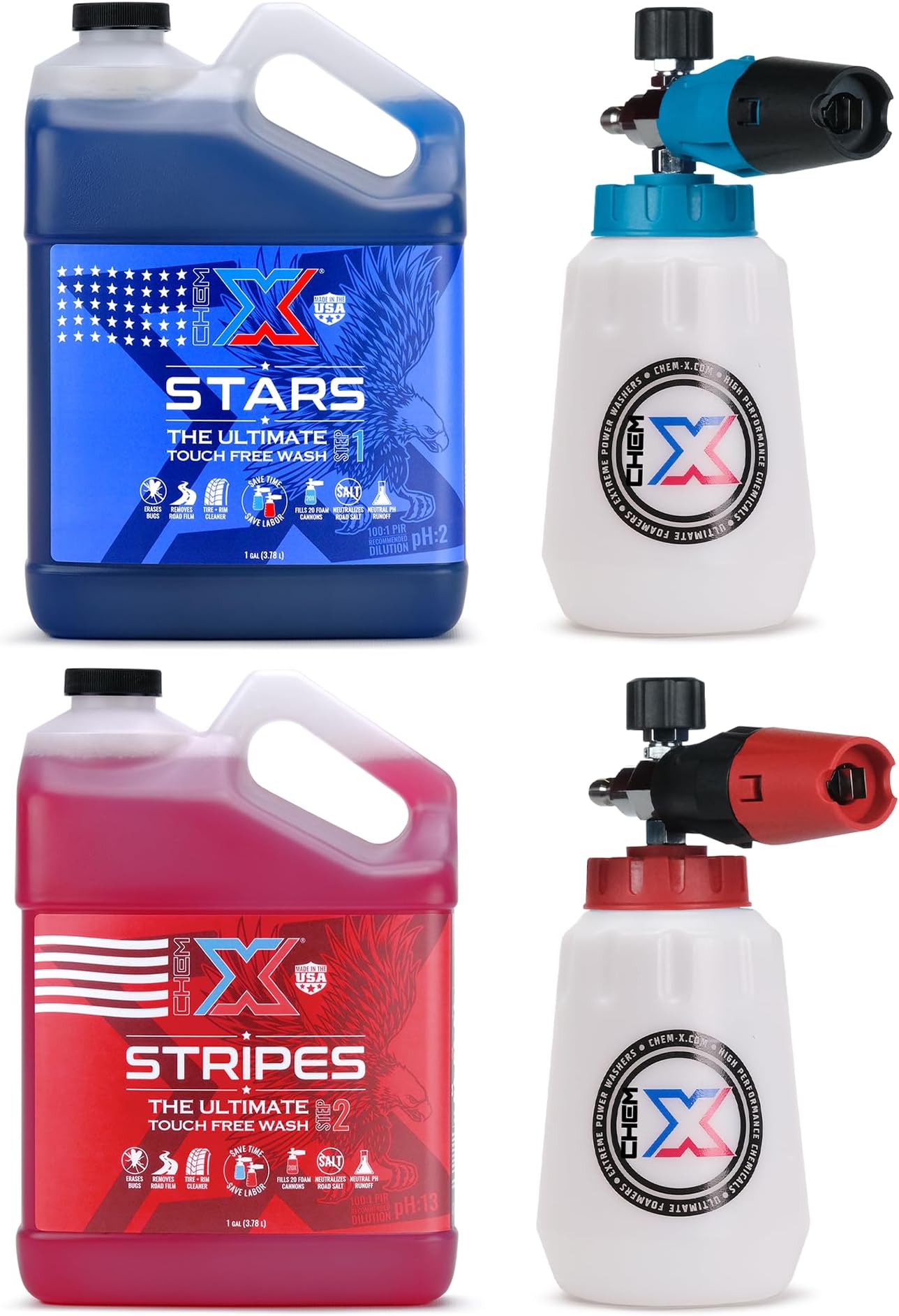 Chem-X: Stars and Stripes Ultimate Touch Free Vehicle Wash Chrome Foam Cannon Kit (1 Gallon Stars + 1 Gallon Stripes)