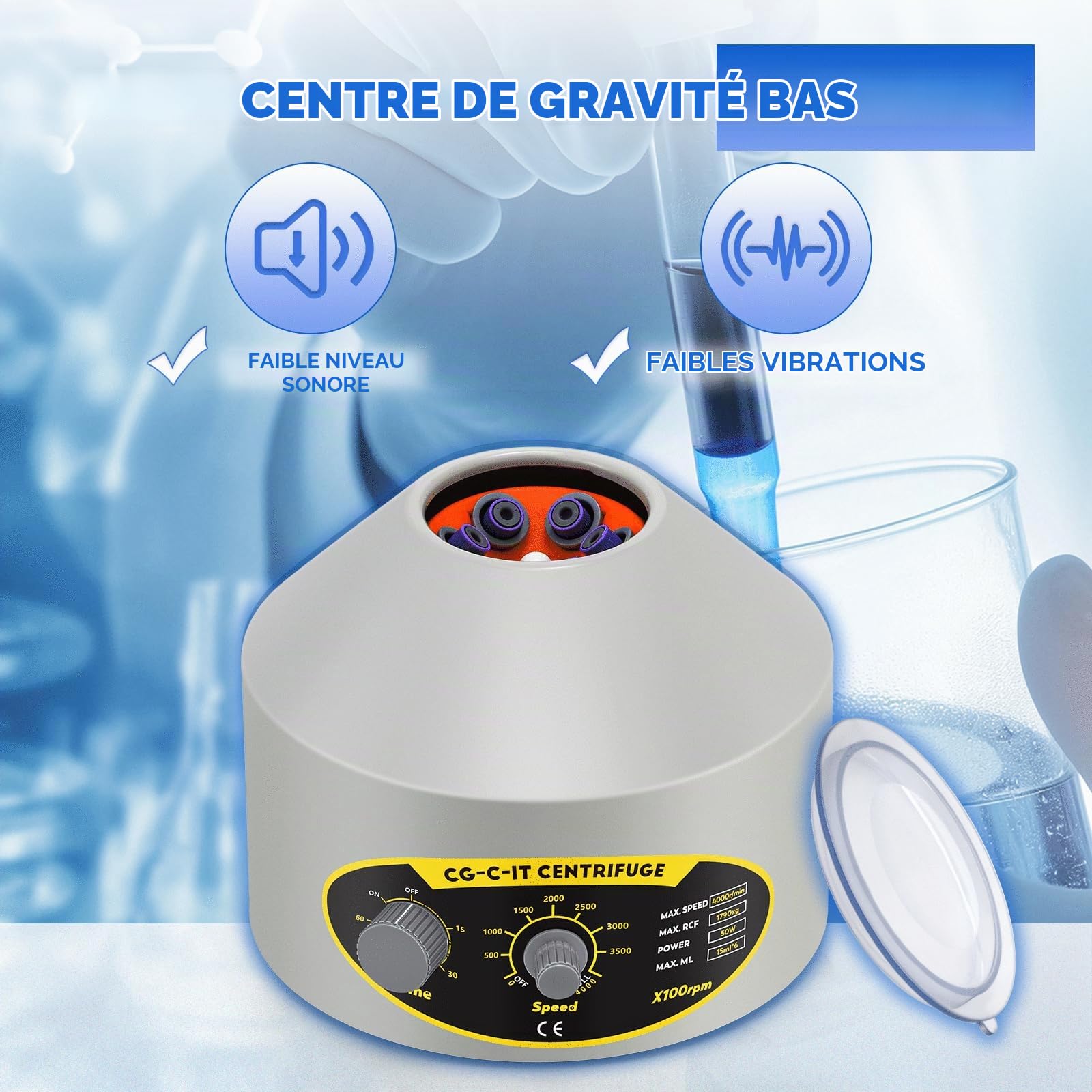 CGOLDENWALL Mini Centrifugeuse PRP PRF Laboratoire, 6x15ml, 4000rpm, 1790xg | Minuteur 60 Min, 2 Jeux de Adaptateurs, Faible Vibration, pour Tubes Vacutainer de 5/10 ml & Tubes à Centrifuger de 10/15 ml