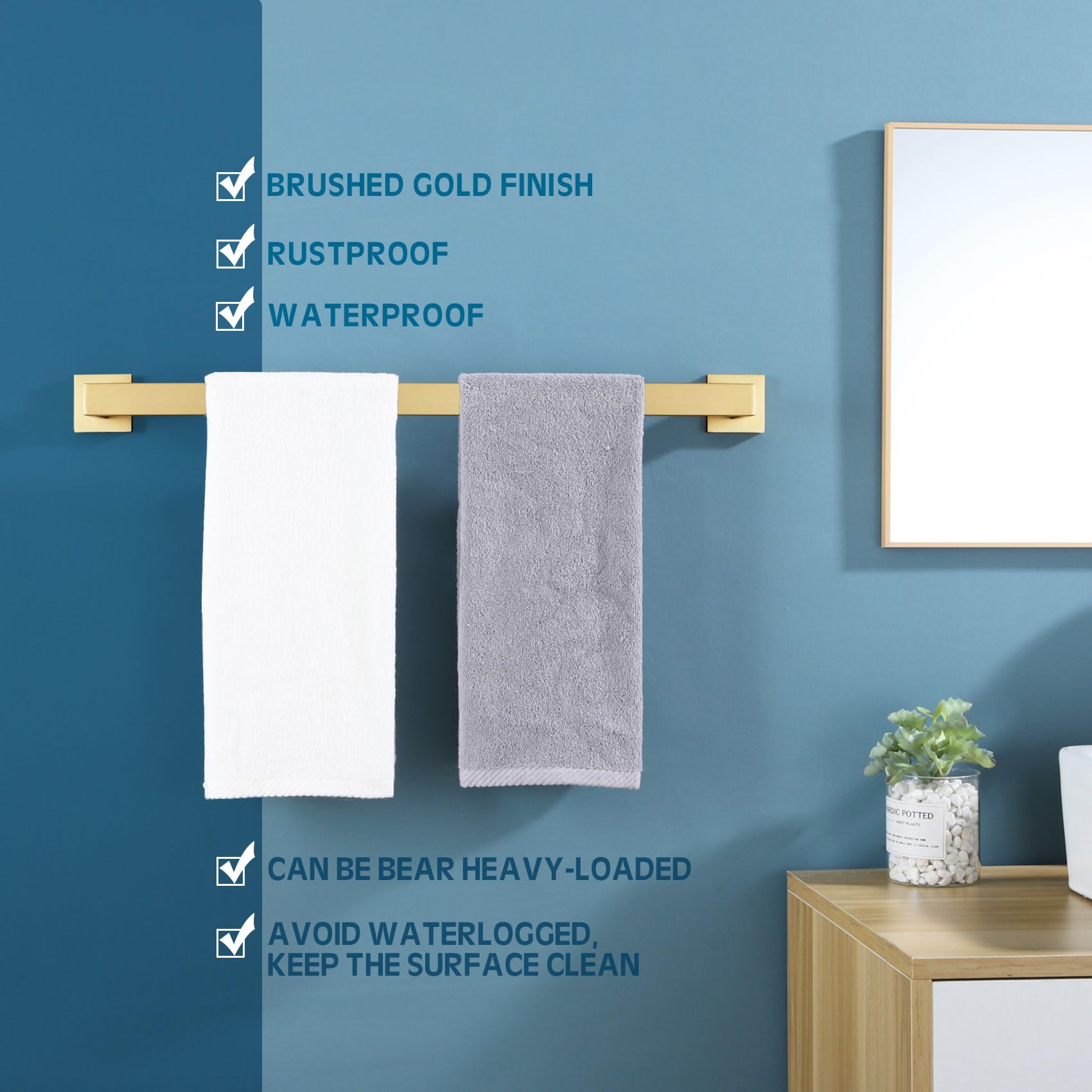 KOKOSIRI Toallero individual de 61 cm, soporte para toallas de baño y paños de cocina, toallero de pared de acero inoxidable SUS304, dorado cepillado, B4003BG-L24