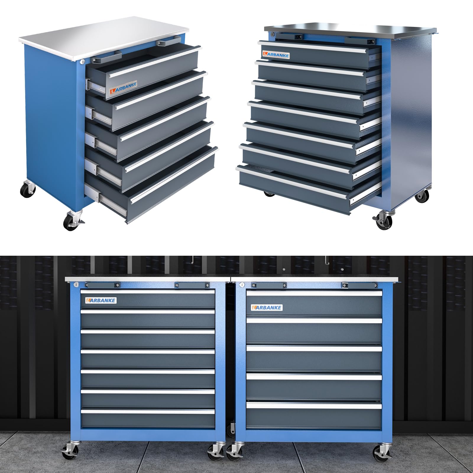 LARBANKE Cassettiera portautensili combinata a 12 cassetti con piano di lavoro in acciaio inox, sistema di bloccaggio con ruote e piedini imbottiti