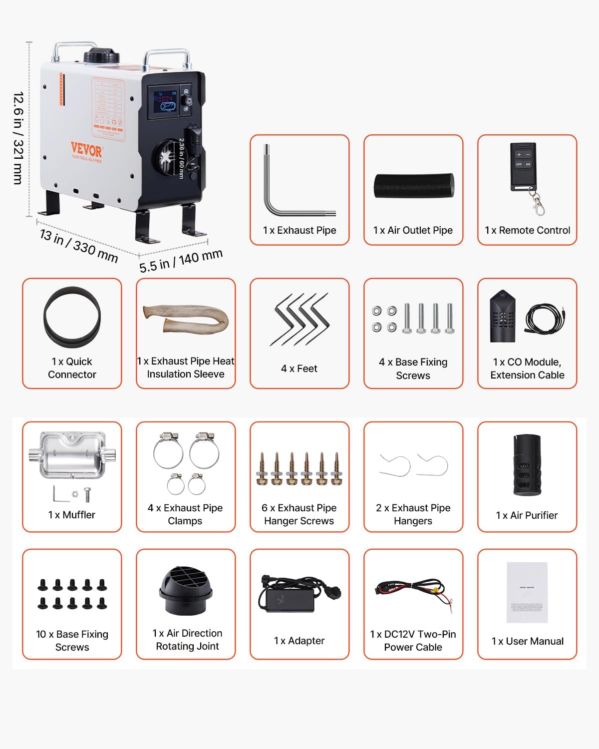 VEVOR Diesel Heater, 2KW 12V/24V All in One Diesel Air Heater with Bluetooth APP Control, Remote Control and Display Screen, CO Alarm, Portable Fast Heating for Vehicles, RVs, Trucks, and Outdoors
