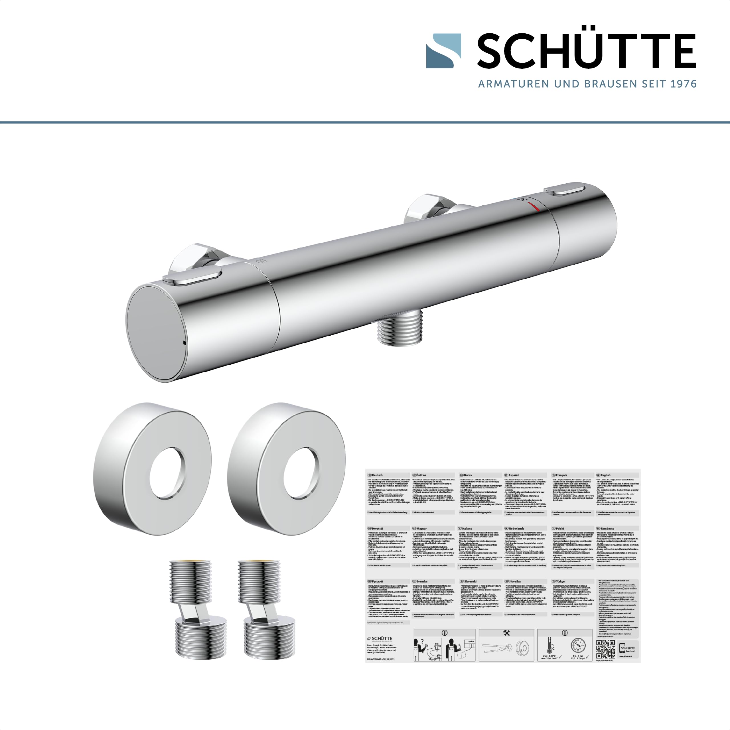 Schütte Los Angeles - Mitigeur Douche Thermostatique 2 Sorties | Chromé, laiton massif, protection anti-brûlure 38 °C, raccord 1/2", robinet douche thermostatique, 2 rosaces incluses