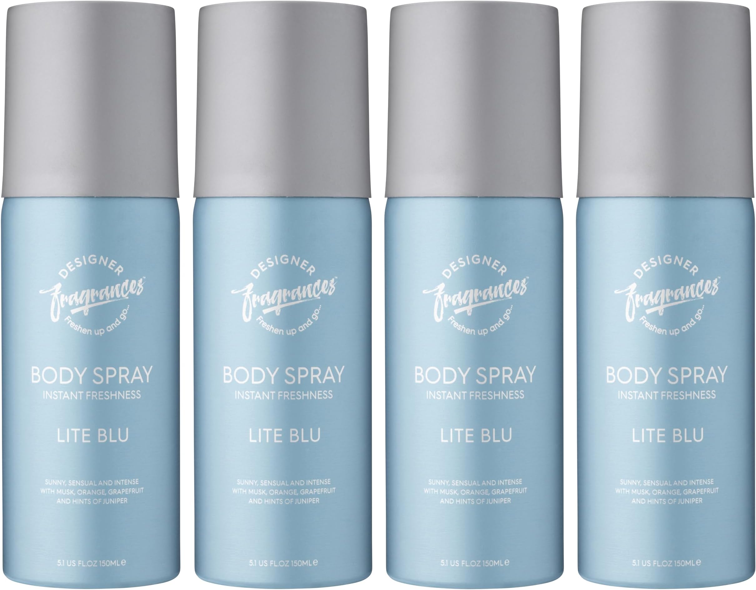 Designer Fragrances 4 Pack Lite Blue Men's Body Spray Deodorant Cans - For Instant Freshness on The Go - Long Lasting Smell - Great Male Gift Sets- 150ml