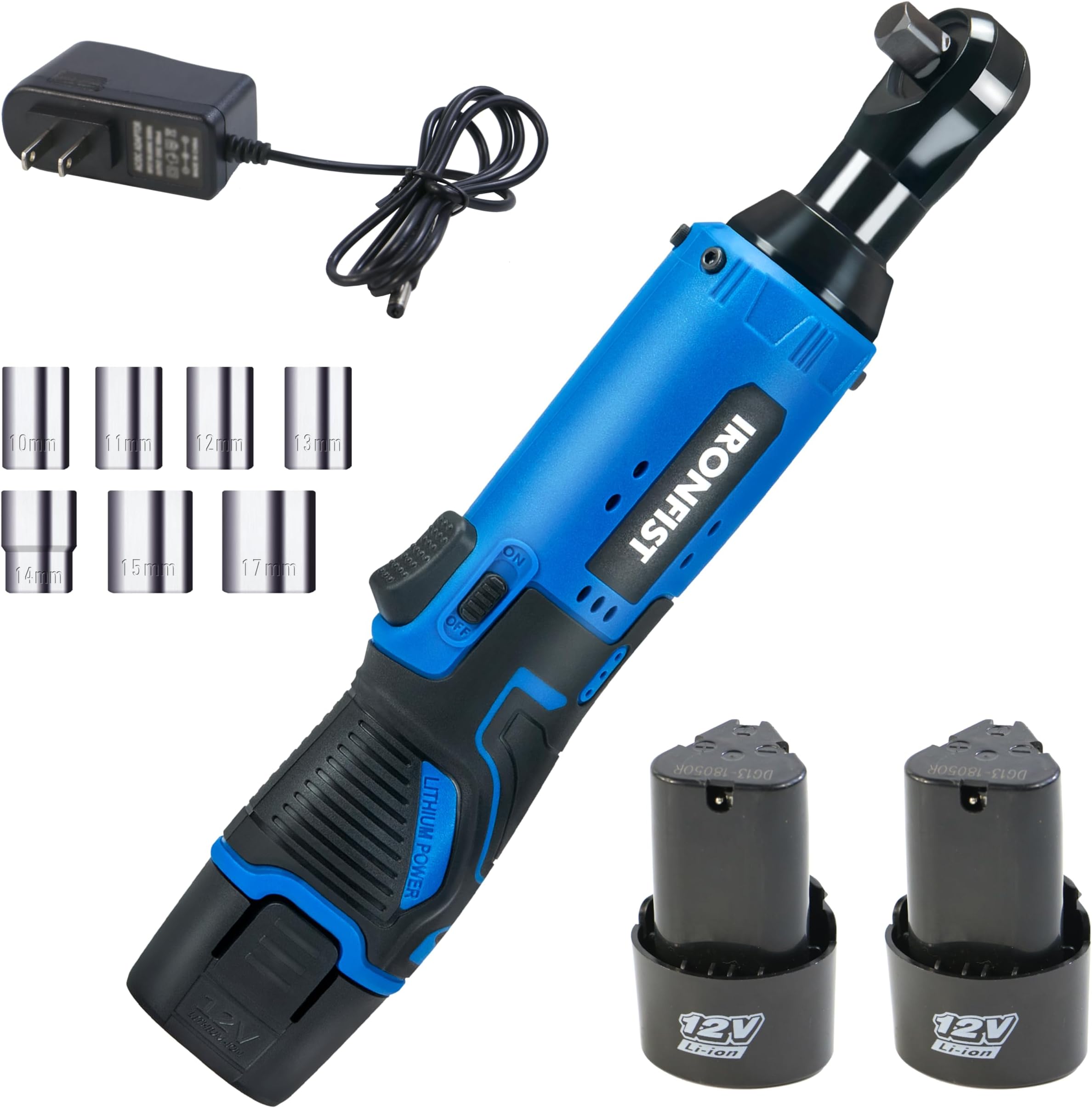 IRONFIST Cordless Electric Ratchet Wrench Set, 3/8" 12V Power Ratchet Driver, 2-Pack Lithium-Ion Batteries, 7 Sockets and Charger