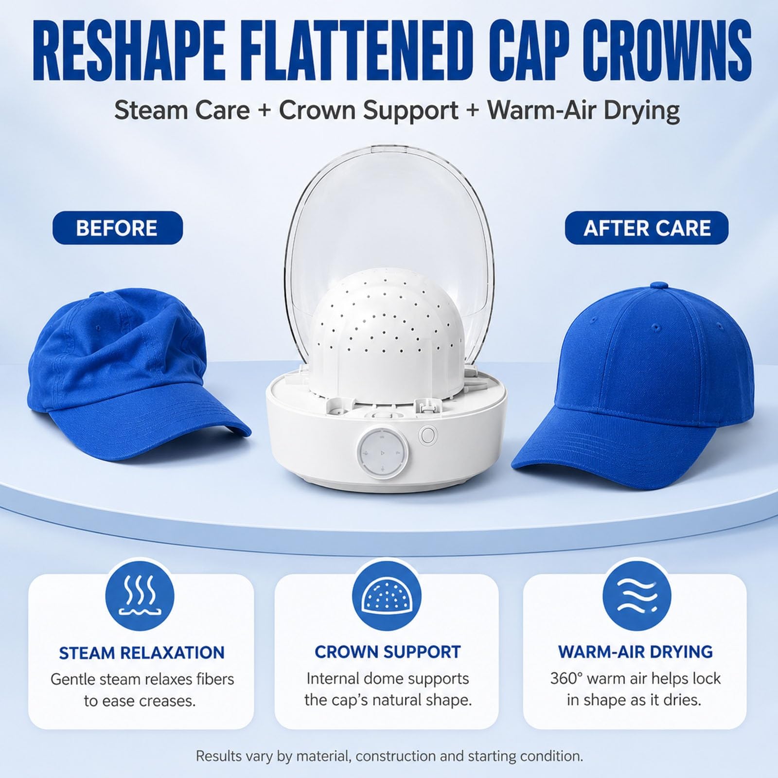 Parownica do Czapek z Daszkiem, Formownik i Ciepłe Powietrze | Do wielu czapek baseballowych, typu snapback i trucker; widoczne plamy usuń ręcznie i zawsze sprawdź metkę.