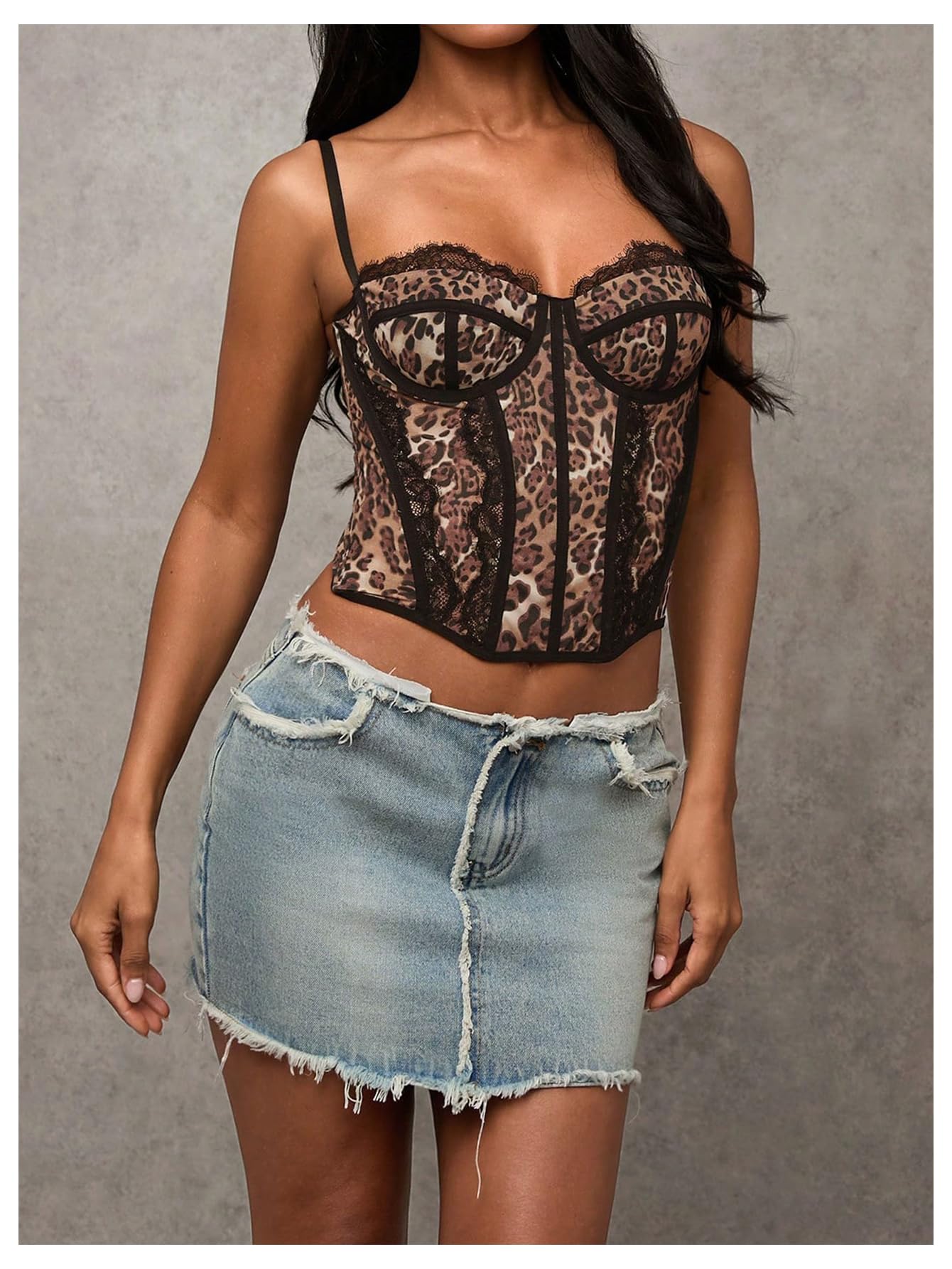 Verdusa Women's Y2K Lace Leopard Print Crop Corset Tops Rave Club Going Out Camisole Tops