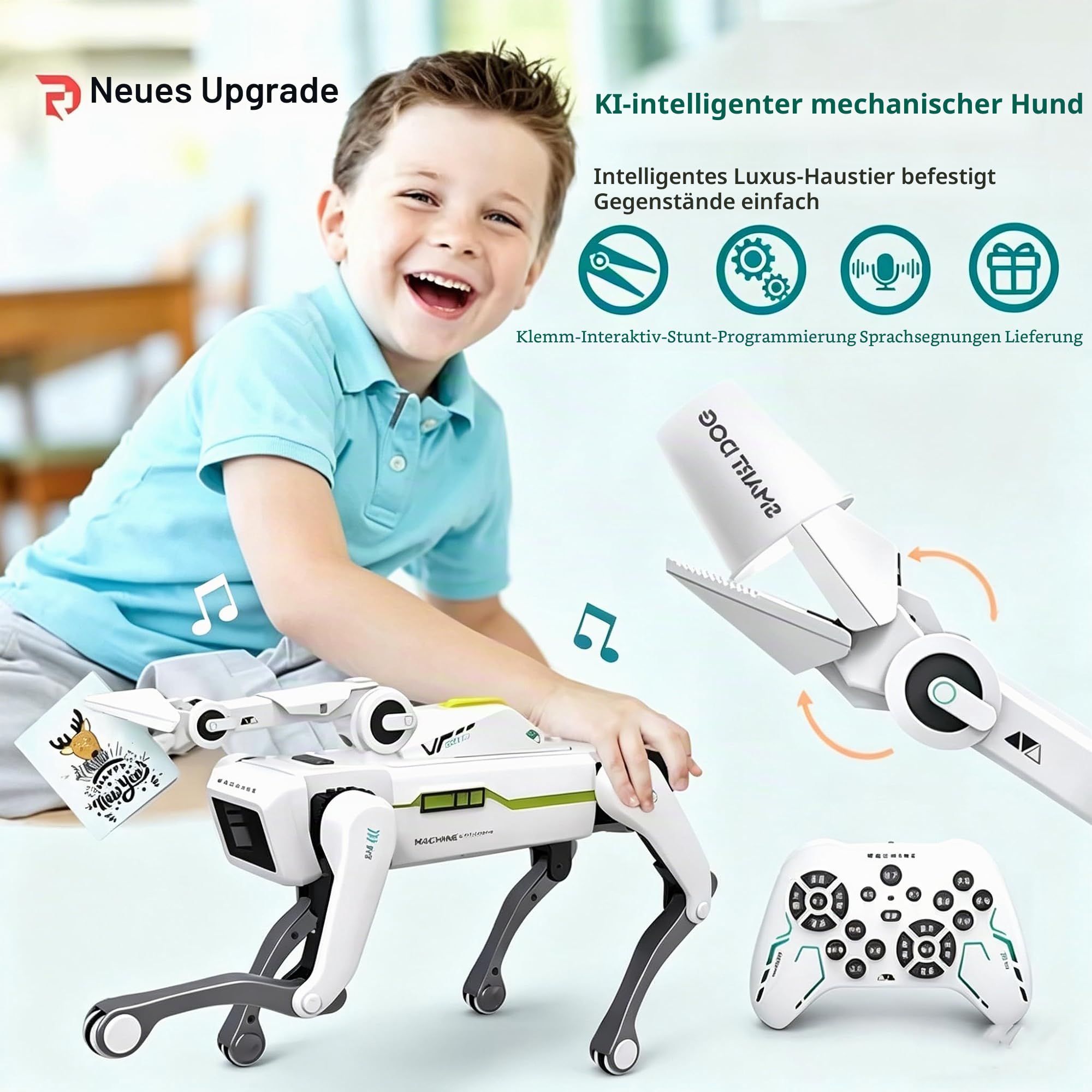 X-Verse 8008 RC Roboter Hund, Sprach und Interagieren mit Langarm Clip, Programmierbarer Tanz Musik Roboterhund, Geschenke für Geburtstage und Weihnachten