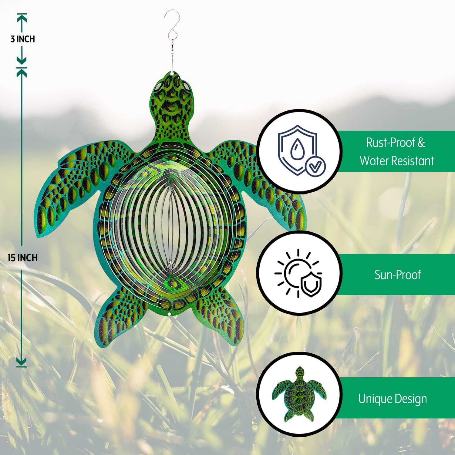 Turtle Wind Spinners Outdoor, Turtle Gifts for Women Mom Grandma, 15 Inch XL 3D Stainless Steel Hanging Wind Spinner for Yard and Garden, Porch Patio Decor, Weather Resistant