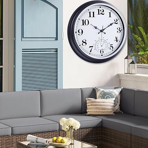 Miniatura 9 de Reloj grande de 16 pulgadas para exteriores, reloj retro impermeable para interiores y exteriores, reloj sin tictac con termómetro, reloj de pared a