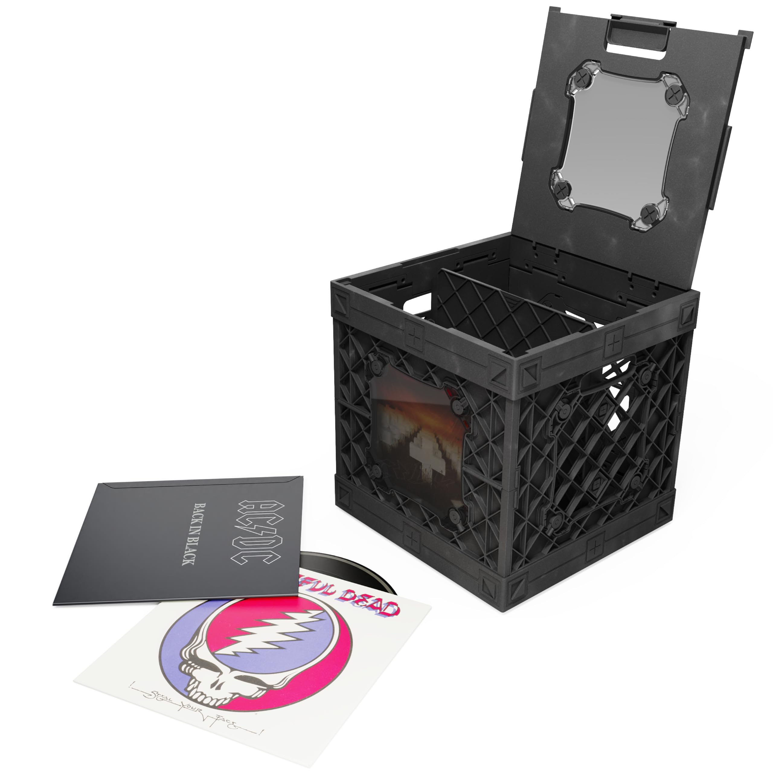 UbeCube CrateVinyl - Vinyl Record Storage Crate Modular Storage Cube for LP Albums with Divider and 2 Clear Panels (Black crate - Smoke panels)