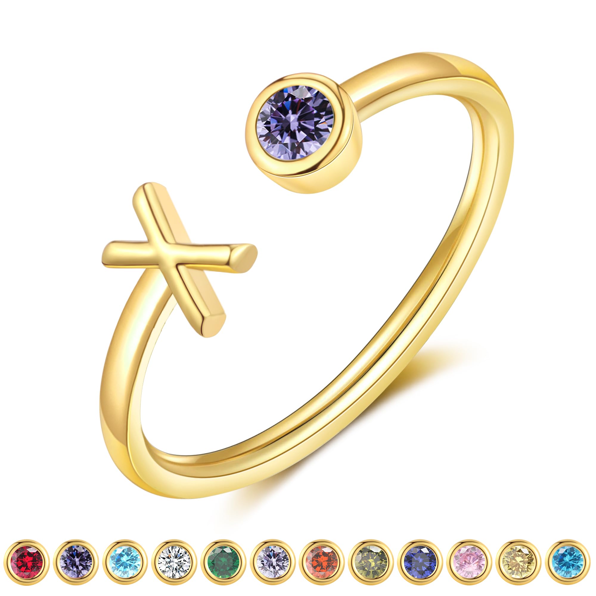 ZNBOH Gold Birthstone Initial Rings for Women Non Tarnish Dainty 14K Gold Plated Adjustable Letter Ring for Women Stackable Cute Thumb Pinky Fashion