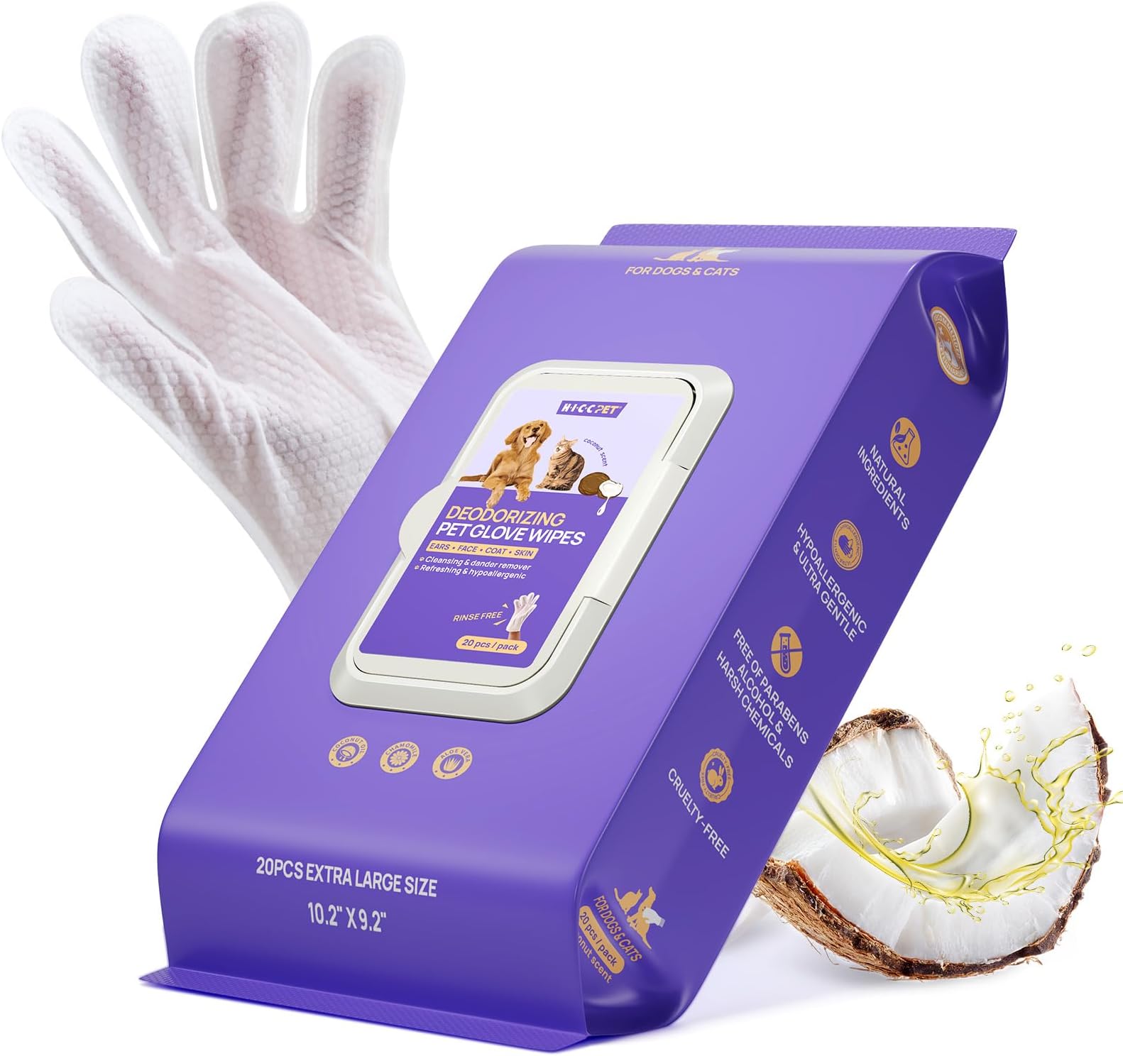 Dog Wipes Cleaning Deodorizing Glove Wipes for Dogs, Cats & Horses, Hypoallergenic Hydrating & Nourishing Pet Wipes for Eyes, Ears, Butt & Paws, No-Rinse, 20pcs Coconut Scent