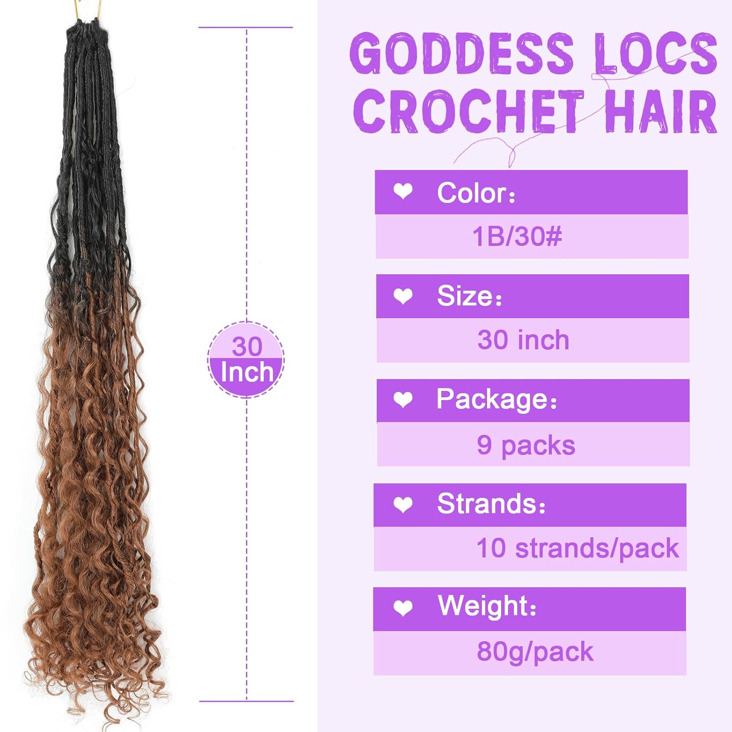 Goddess Locs Crochet Hair 30inch 9 Packs 1B30 Boho Faux Locs Crochet Hair with Curly Ends Pre Looped Bohemian Locs for Women