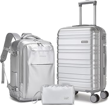 LARVENDER Carry on Luggage Sets 3 Piece, 20 Inch Suitcases, Glossy Silver